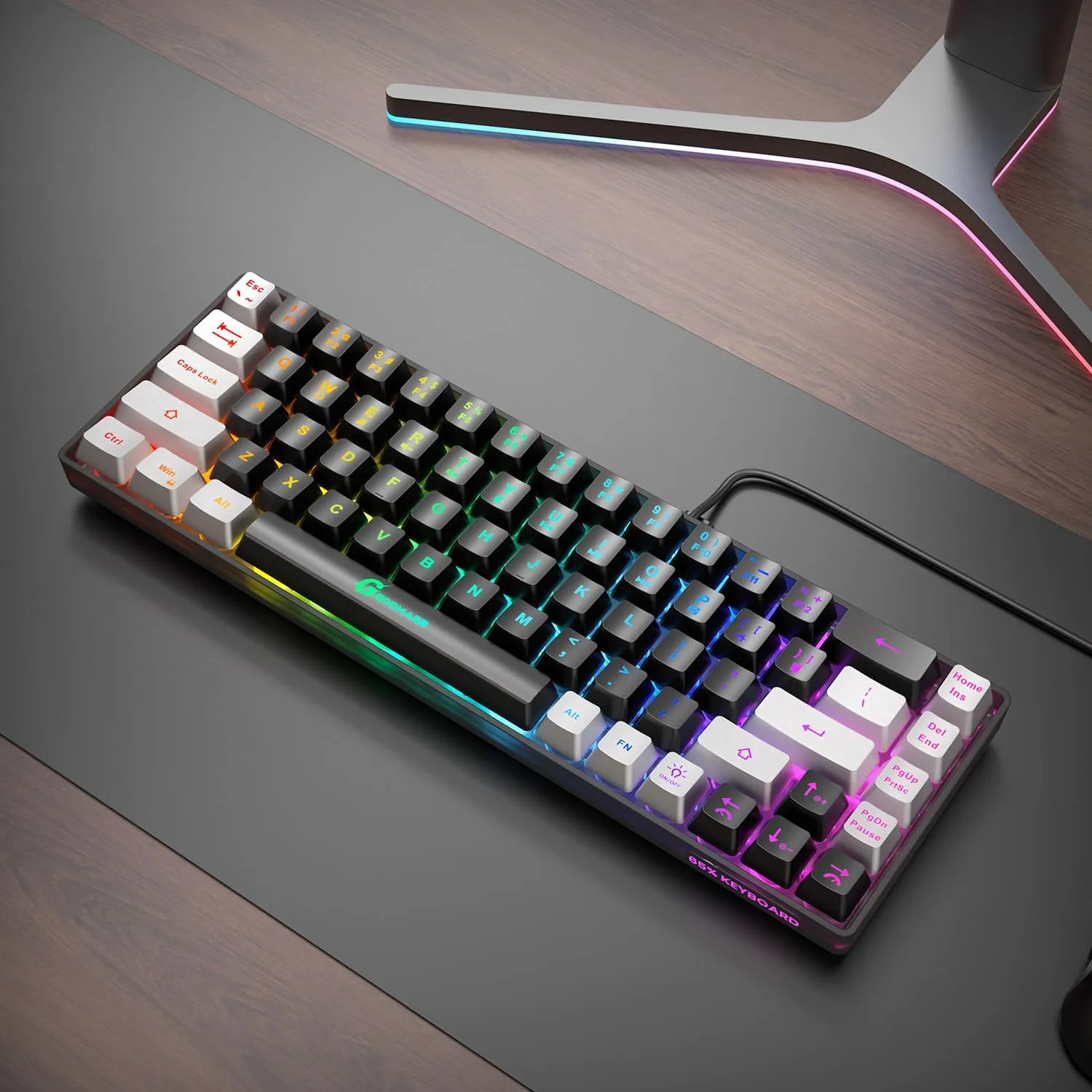 65% Gaming Keyboard, LED Backlit Mini Wired, Ultra-Compact Anti-Ghosting No-Conflict 68 Keys for PC Laptop Windows Gamer