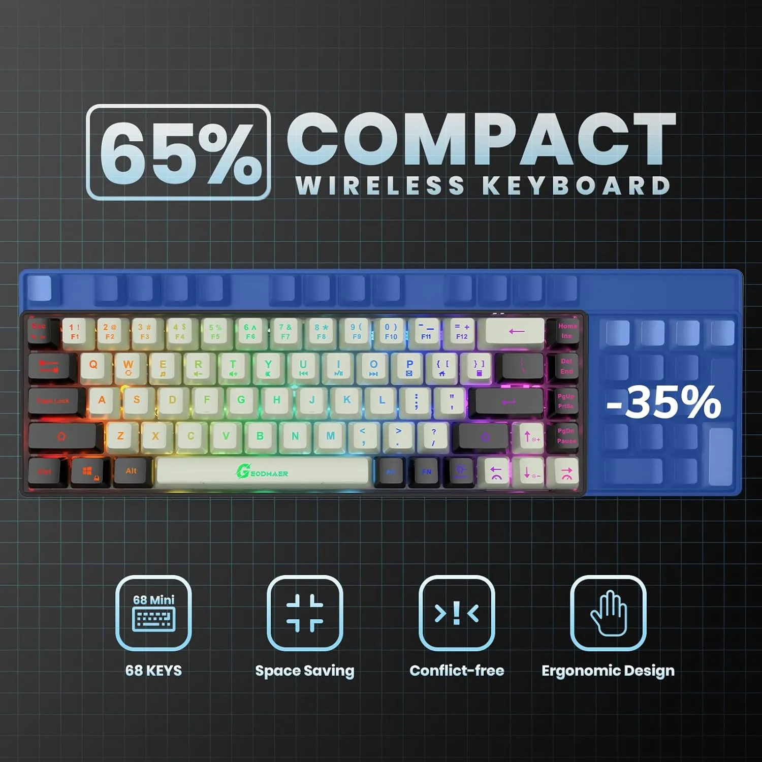65% Wireless Gaming Keyboard: LED Backlit, 68 Keys, Ultra-Compact, Anti-ghosting, No-Conflict Wireless Keyboard for PC Laptop Windows Gamer(White-Black)