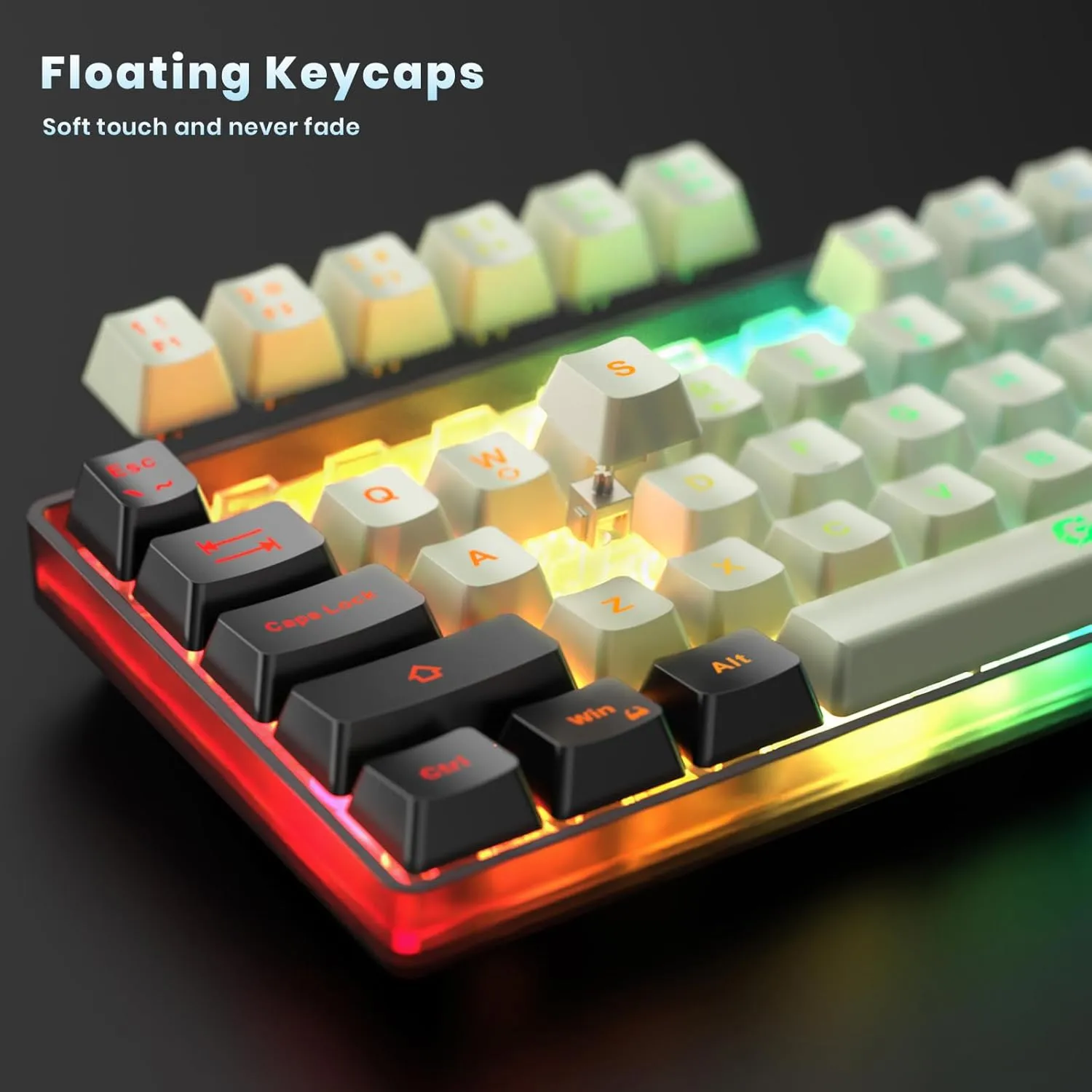 65% Wireless Gaming Keyboard: LED Backlit, 68 Keys, Ultra-Compact, Anti-ghosting, No-Conflict Wireless Keyboard for PC Laptop Windows Gamer(White-Black)
