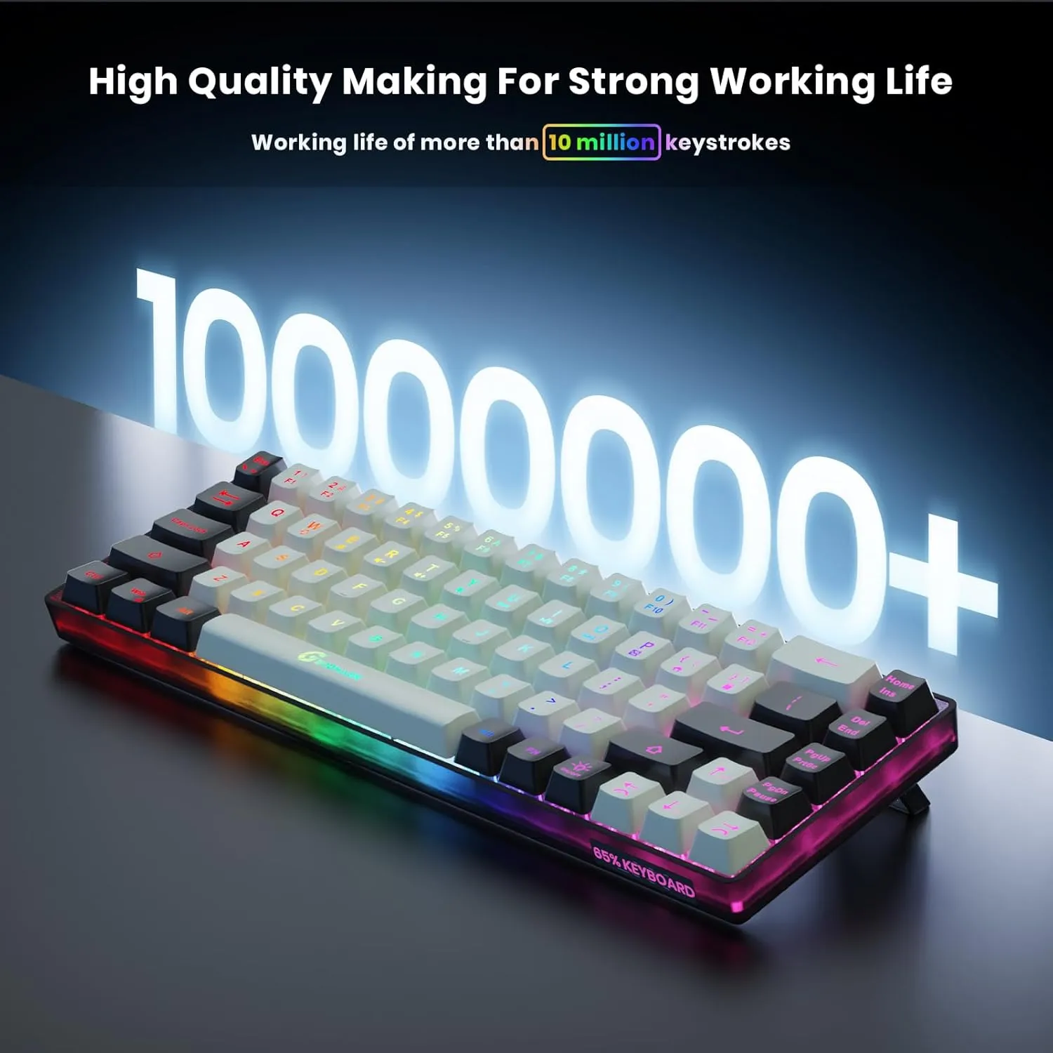 65% Wireless Gaming Keyboard: LED Backlit, 68 Keys, Ultra-Compact, Anti-ghosting, No-Conflict Wireless Keyboard for PC Laptop Windows Gamer(White-Black)