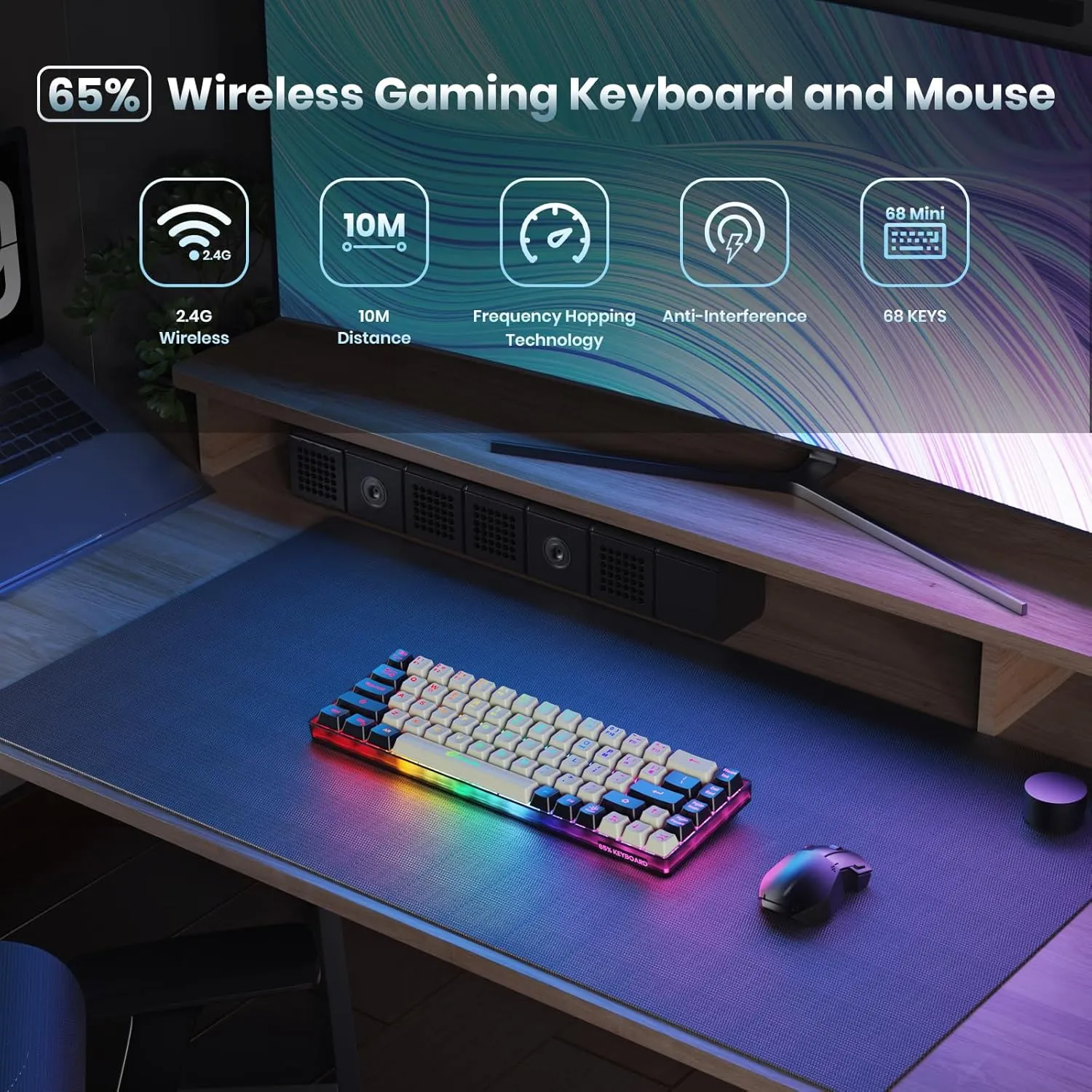 65% Wireless Gaming Keyboard: LED Backlit, 68 Keys, Ultra-Compact, Anti-ghosting, No-Conflict Wireless Keyboard for PC Laptop Windows Gamer(White-Black)