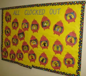 All Clocked Out - Elementary Math Bulletin Board Decorating Idea