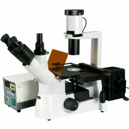 AmScope IN300 Series Inverted Phase-Contrast Biological EPI-Fluorescent Trinocular Compound Microscope 40X-1000X Magnification with 30W Halogen