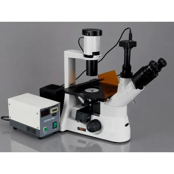 AmScope IN300 Series Inverted Phase-Contrast Biological EPI-Fluorescent Trinocular Compound Microscope with 30W Halogen Optional Color CCD Digital Camera
