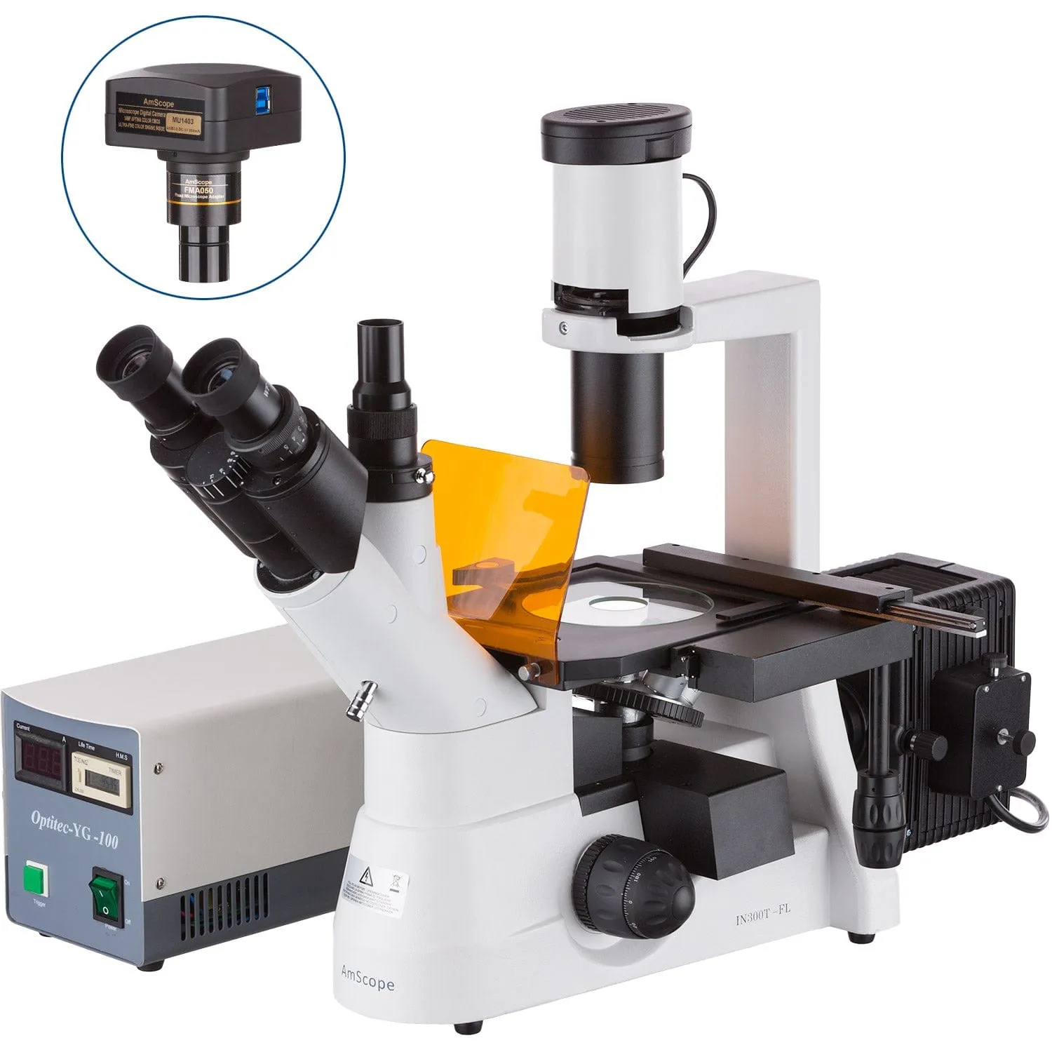 AmScope IN300 Series Inverted Phase-Contrast Biological EPI-Fluorescent Trinocular Compound Microscope with 30W Halogen Optional Color CCD Digital Camera