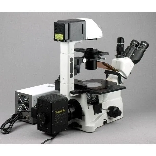 AmScope IN480 Series Inverted Infinity-Corrected Fluorescence Trinocular Compound Microscope with Global Shutter Digital Camera