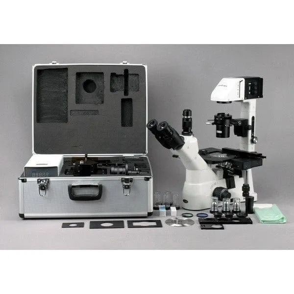 AmScope IN480 Series Inverted Infinity-Corrected Fluorescence Trinocular Compound Microscope with Global Shutter Digital Camera