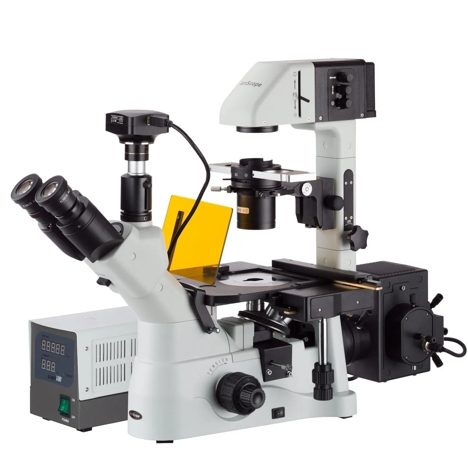 AmScope IN480 Series Inverted Infinity-Corrected Fluorescence Trinocular Compound Microscope with Global Shutter Digital Camera