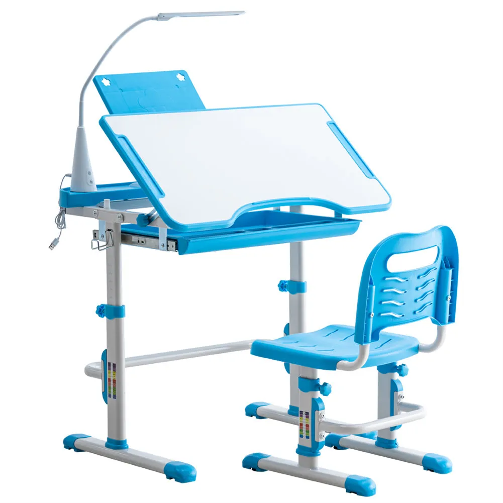AMYOVE Kids Desk Chair Set Height Adjustable Student Study Desk Home Schooling Blue