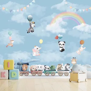 Animals on Train and Flying Balloon, Nursery Wallpaper, Customised