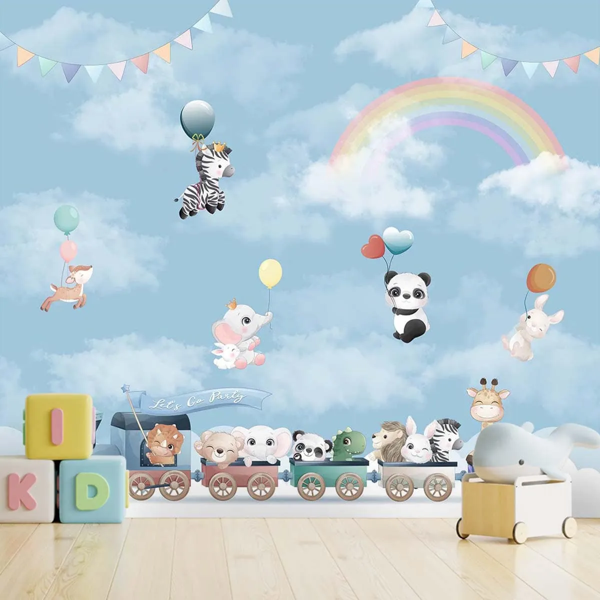 Animals on Train and Flying Balloon, Nursery Wallpaper, Customised