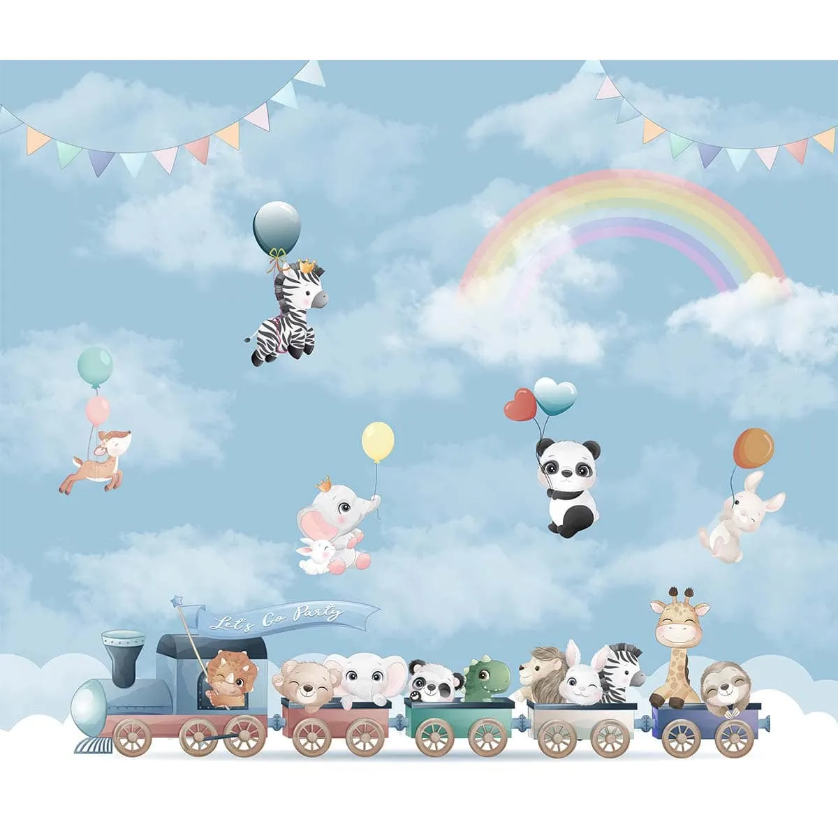 Animals on Train and Flying Balloon, Nursery Wallpaper, Customised