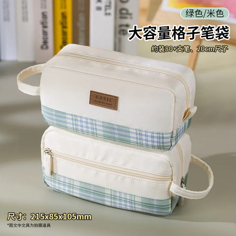 BAMBOO Extra Large PLAID XL Angoo Canvas Pen Case Pencil Case Stationery Case Storage Case Travel Case Up to 80 Items | 215 x 85 x 105mm