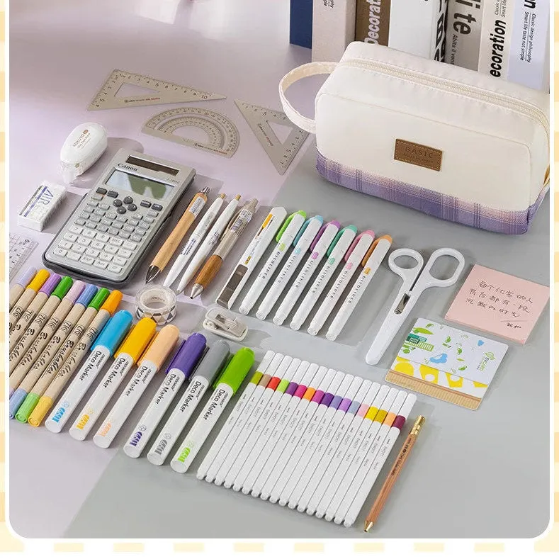 BAMBOO Extra Large PLAID XL Angoo Canvas Pen Case Pencil Case Stationery Case Storage Case Travel Case Up to 80 Items | 215 x 85 x 105mm