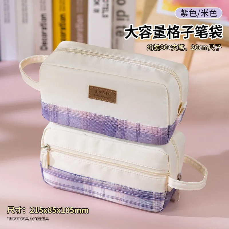 BAMBOO Extra Large PLAID XL Angoo Canvas Pen Case Pencil Case Stationery Case Storage Case Travel Case Up to 80 Items | 215 x 85 x 105mm