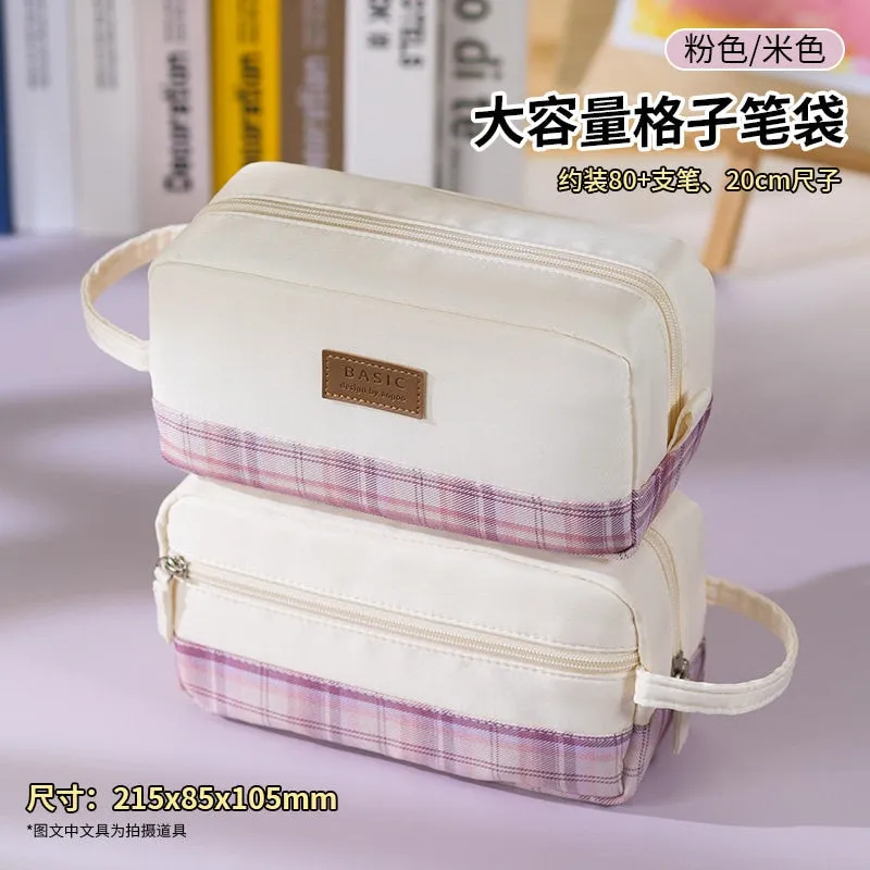 BAMBOO Extra Large PLAID XL Angoo Canvas Pen Case Pencil Case Stationery Case Storage Case Travel Case Up to 80 Items | 215 x 85 x 105mm