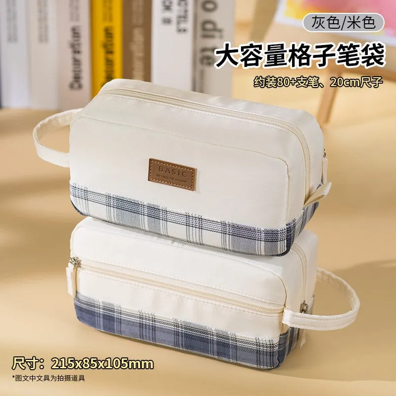 BAMBOO Extra Large PLAID XL Angoo Canvas Pen Case Pencil Case Stationery Case Storage Case Travel Case Up to 80 Items | 215 x 85 x 105mm