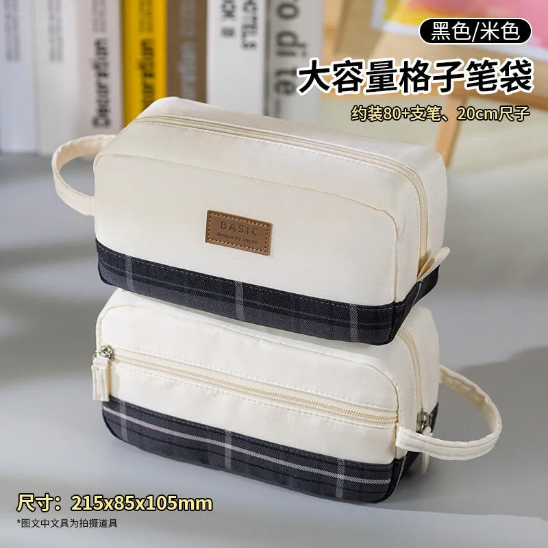 BAMBOO Extra Large PLAID XL Angoo Canvas Pen Case Pencil Case Stationery Case Storage Case Travel Case Up to 80 Items | 215 x 85 x 105mm