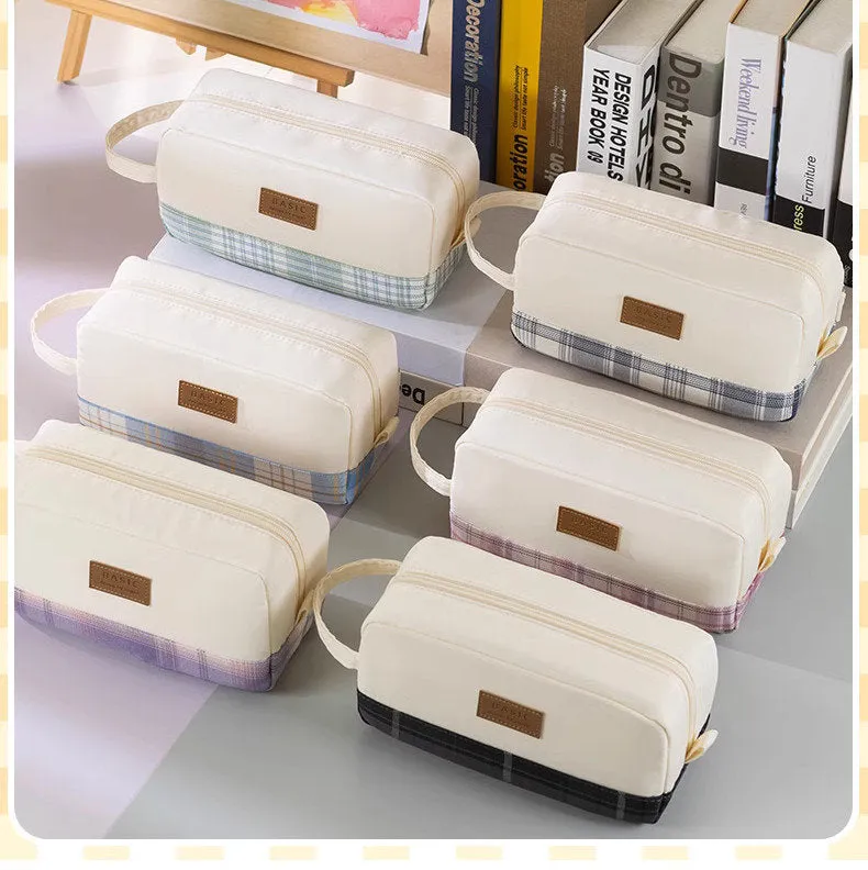 BAMBOO Extra Large PLAID XL Angoo Canvas Pen Case Pencil Case Stationery Case Storage Case Travel Case Up to 80 Items | 215 x 85 x 105mm