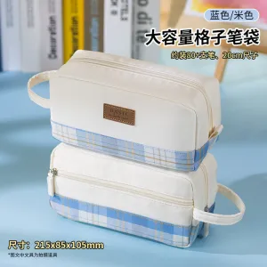 BLUE Extra Large PLAID XL Angoo Canvas Pen Case Pencil Case Stationery Case Storage Case Travel Case Up to 80 Items | 215 x 85 x 105mm