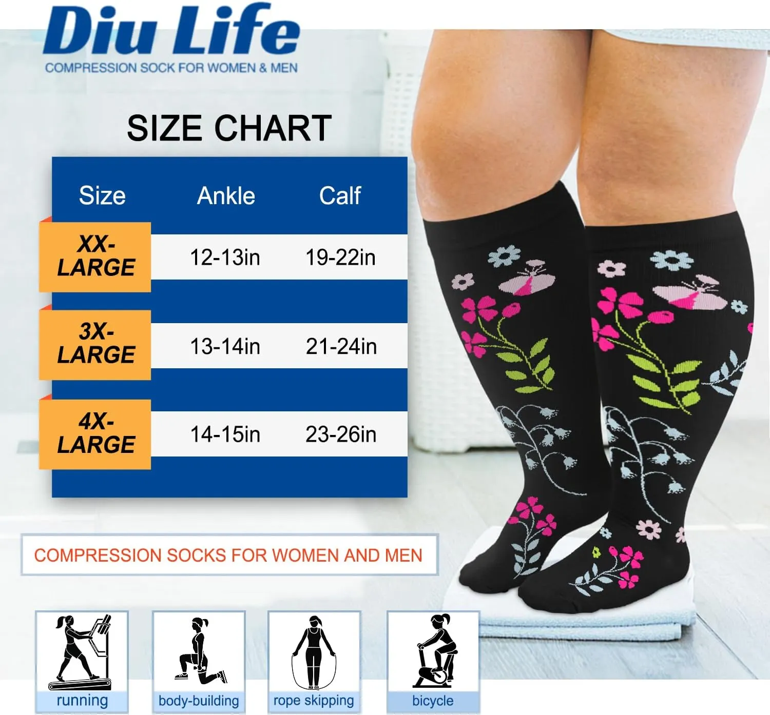Diu Life Plus Size Compression Socks for Women & Men 15-20 mmhg Extra Wide Calf Knee High Support Socks for Circulation