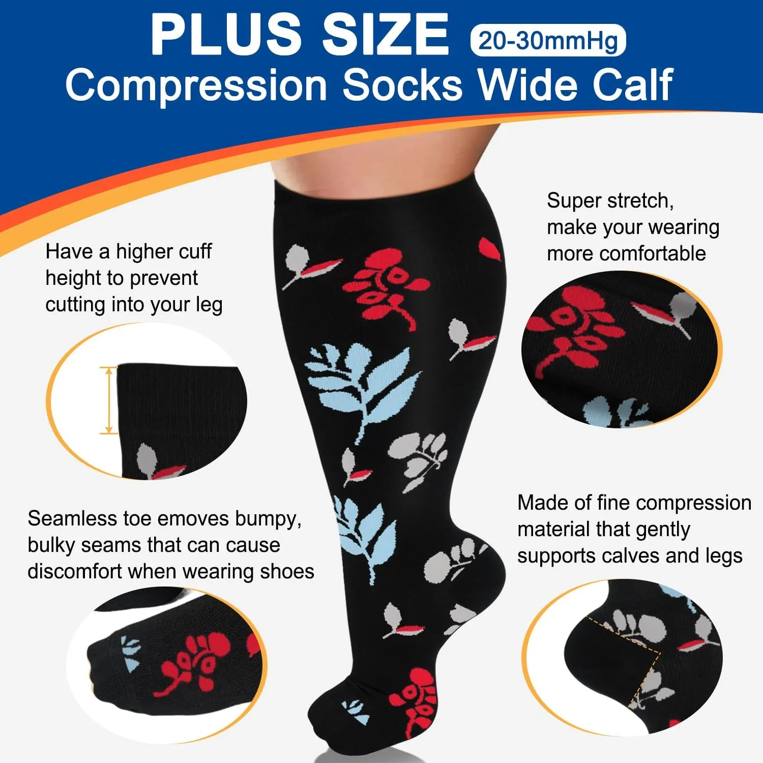 Diu Life Plus Size Compression Socks for Women & Men 15-20 mmhg Extra Wide Calf Knee High Support Socks for Circulation