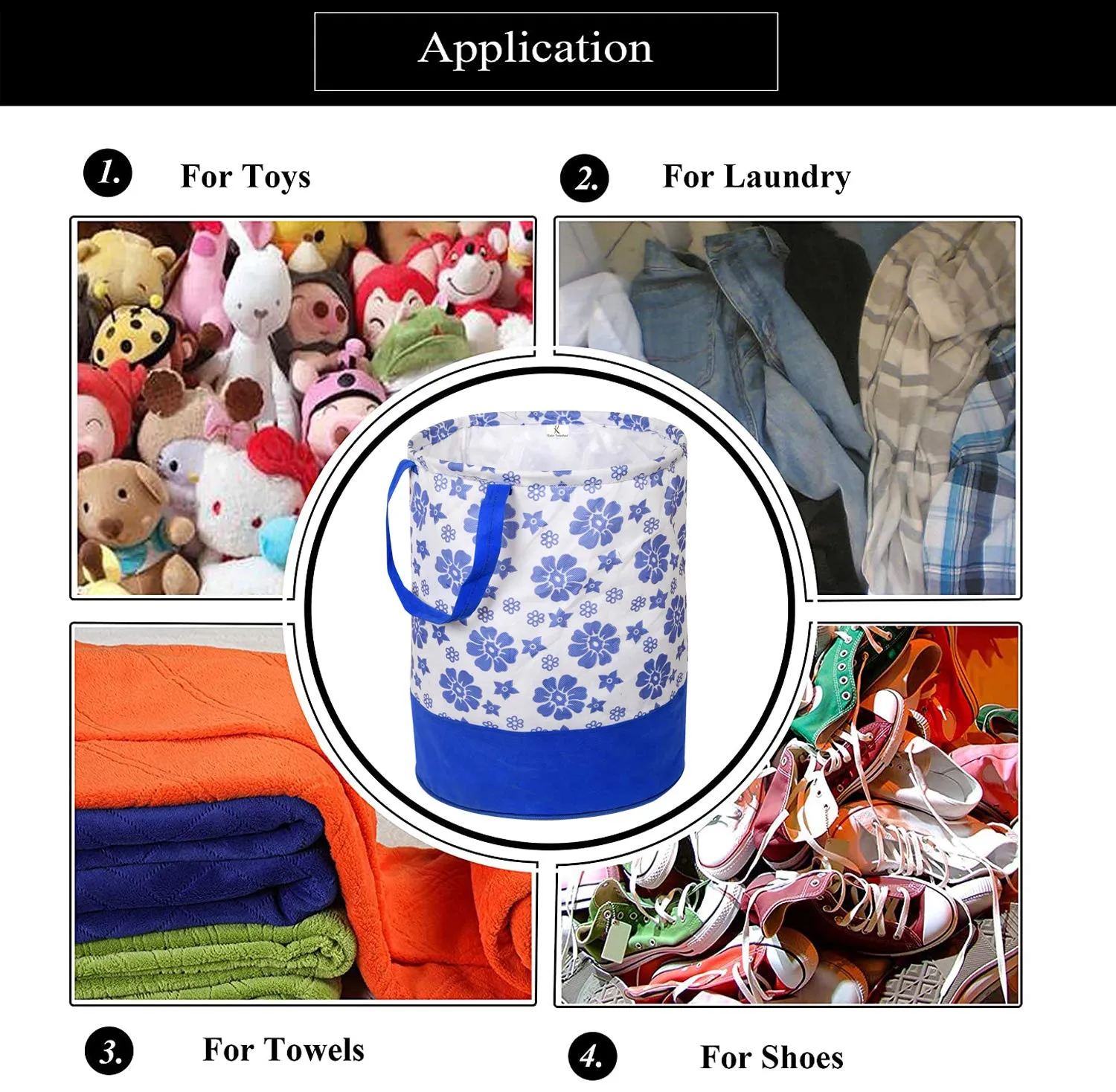 Heart Home Flower Print Round Non Woven Fabric Foldable Laundry Basket, Toy Storage Basket, Cloth Storage Basket With Handles,45 Ltr (Blue)-HEARTXY11608