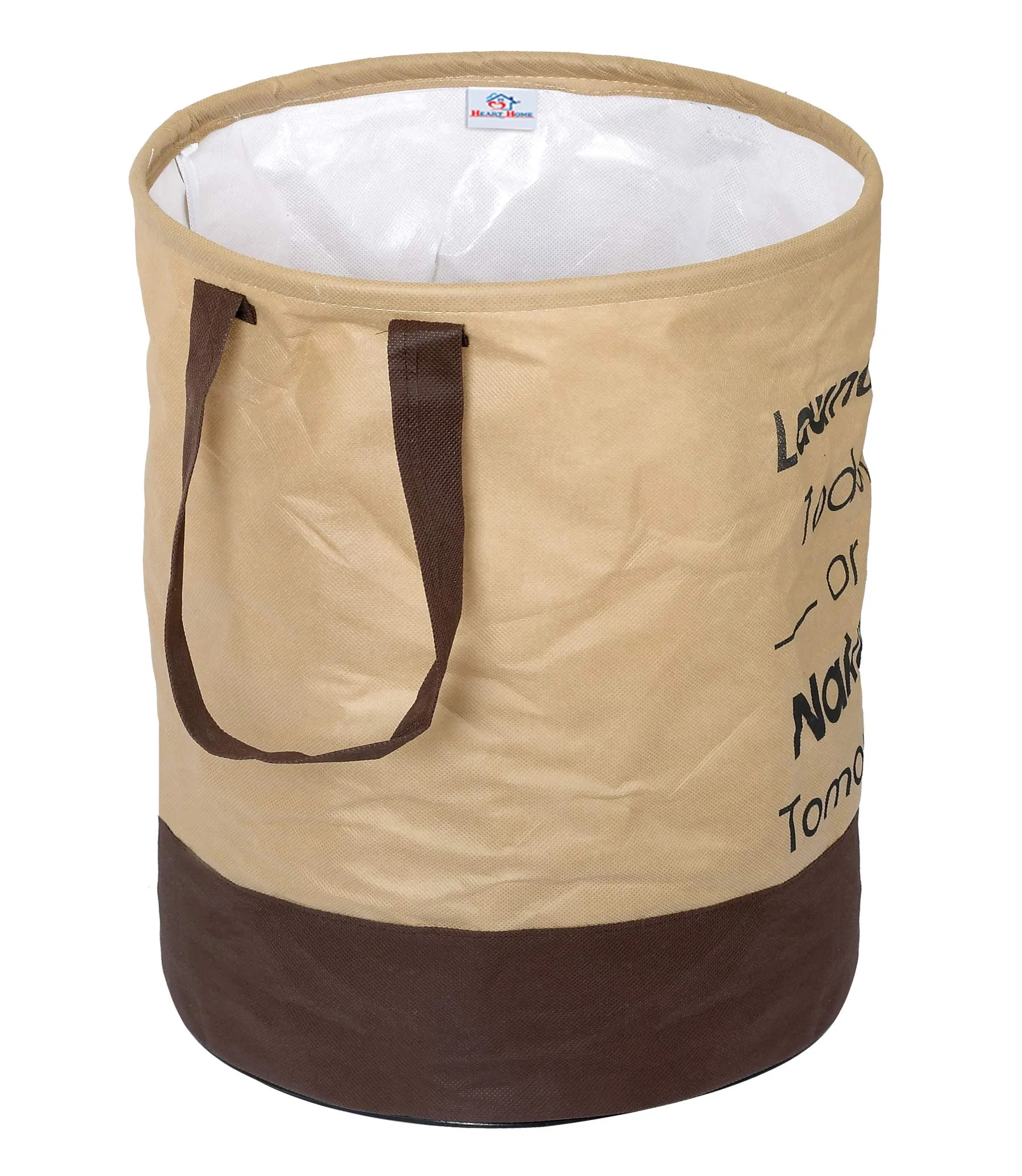 Heart Home Round Non Woven Fabric Foldable Laundry Basket, Toy Storage Basket, Cloth Storage Basket With Handles,45 Ltr (Set Of 2, Beige & Brown)-HEARTXY11452