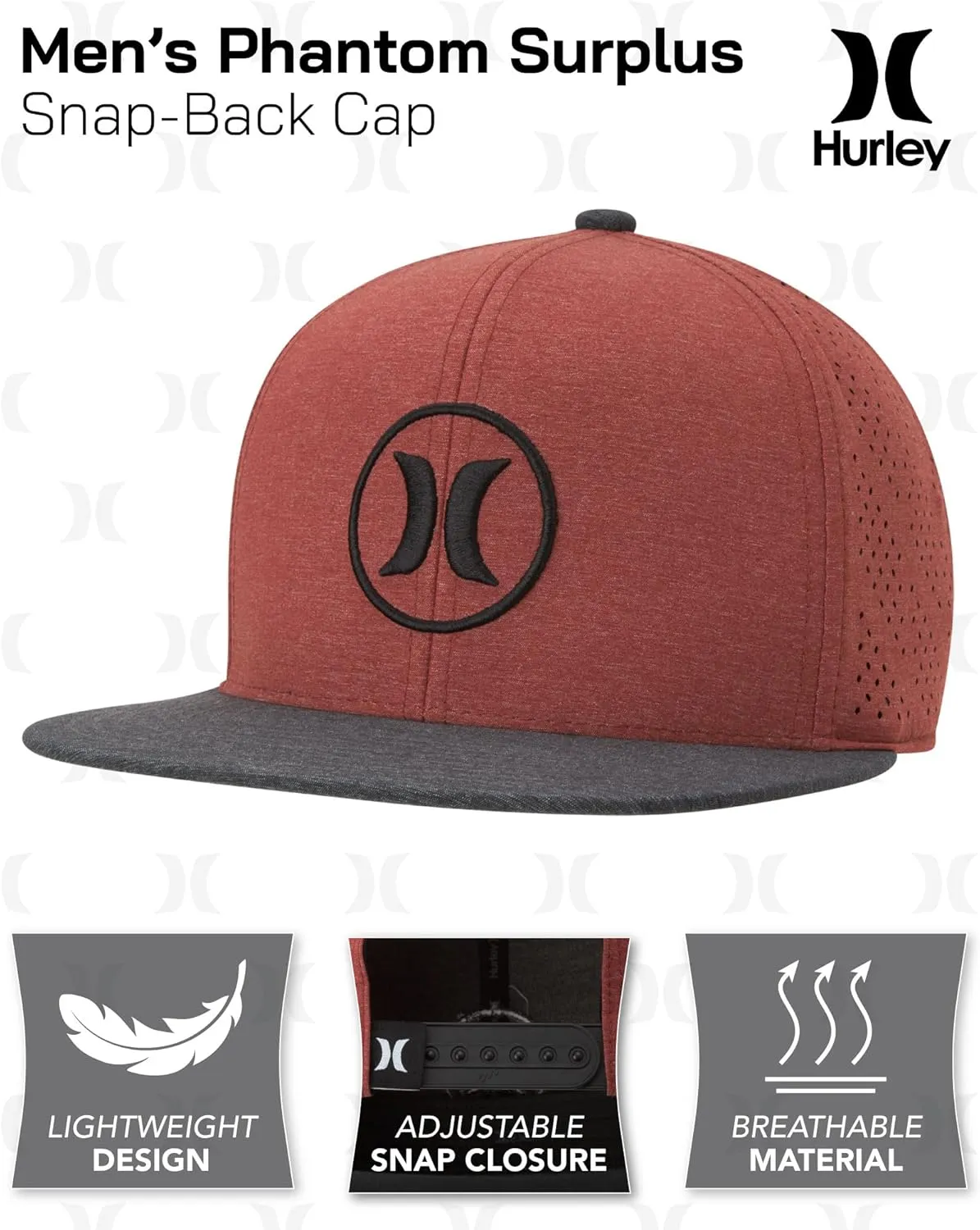 Hurley Mens Hat  Lightweight Phantom Core Snap-Back Baseball Cap