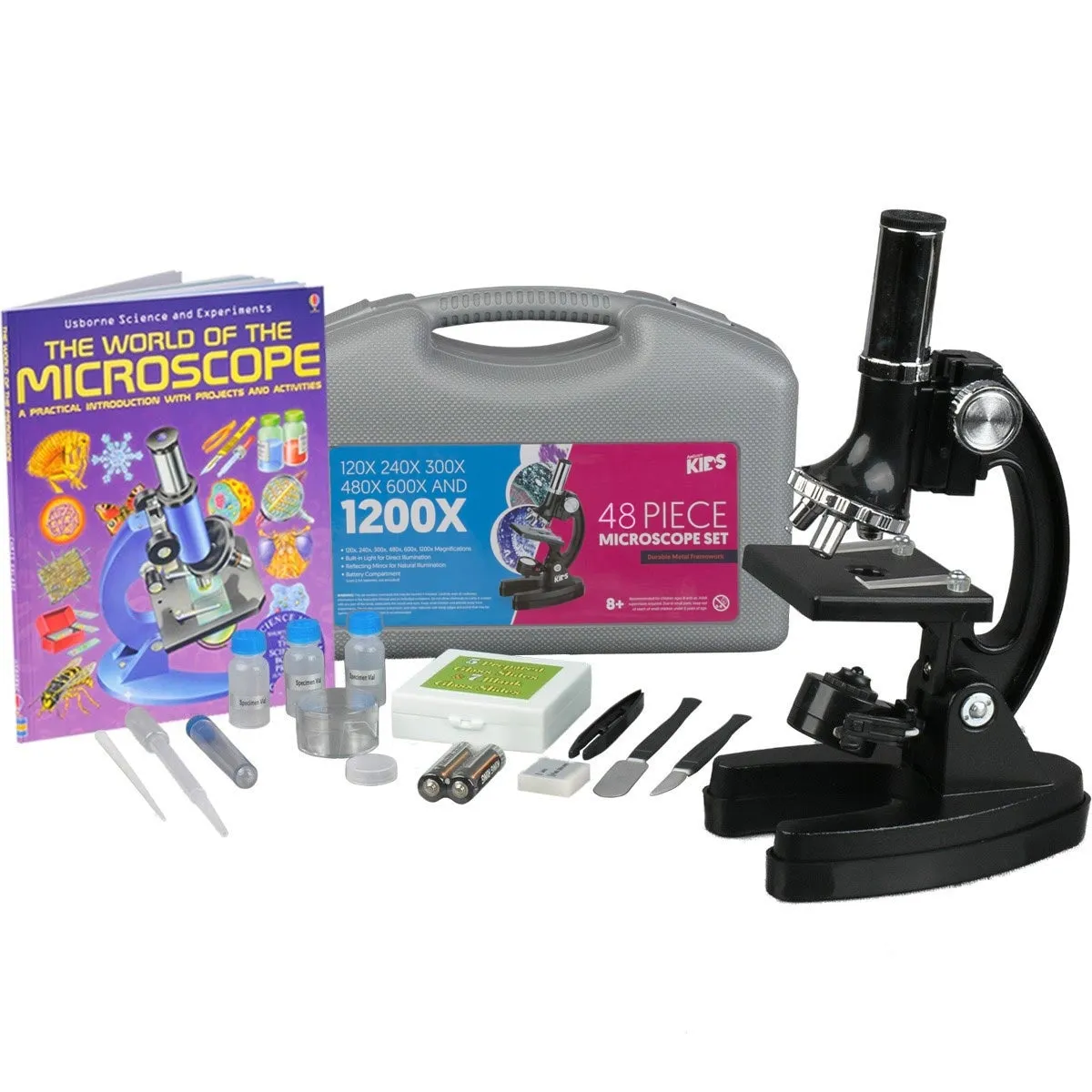 IQCrew By AmScope KIDS Series 48pc Metal Arm Educational Starter Biological Monocular Compound Microscope Kit 120X-1200X Magnification with the World of Microscope Book