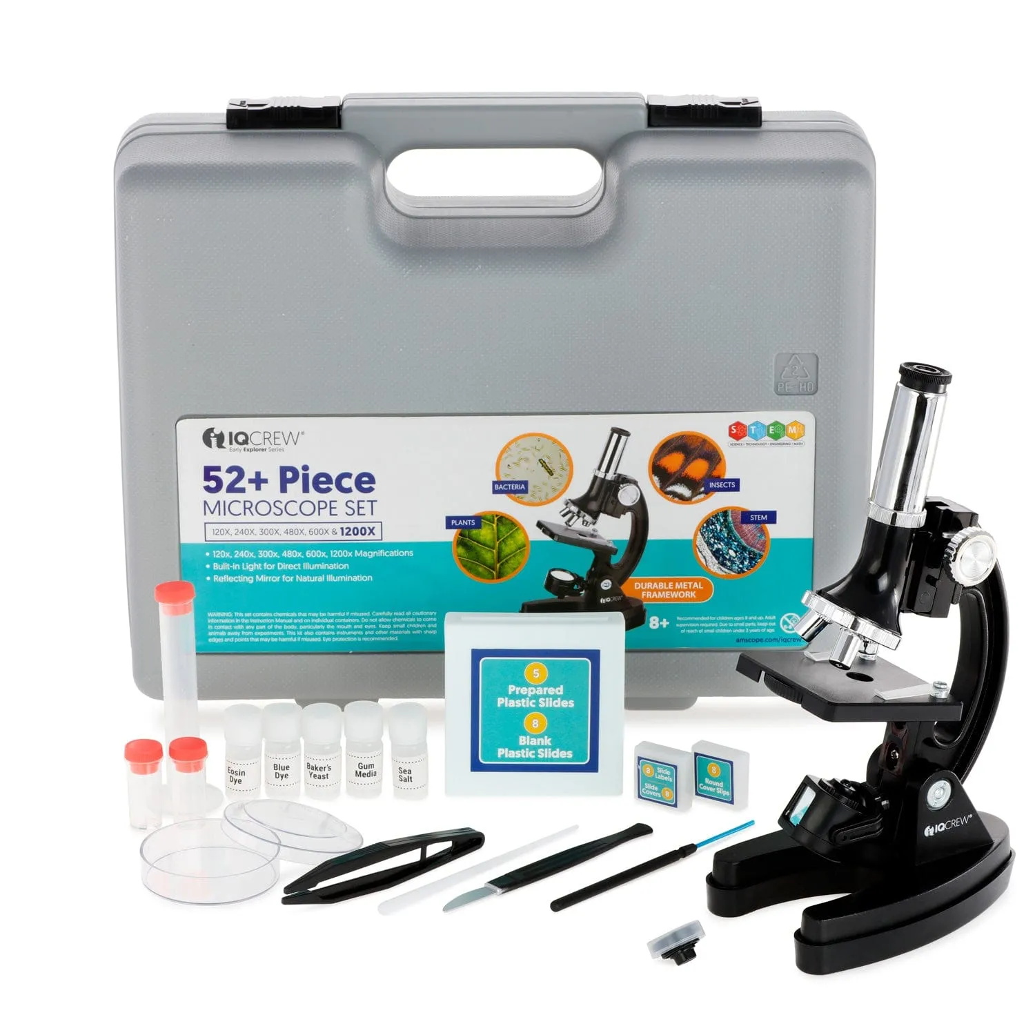 IQCrew By AMSCOPE M30 Series KIDS Starter Kids Student Compound Microscope Kit 120X-240X-300X-480X-600X-1200X Magnification With Metal Arm