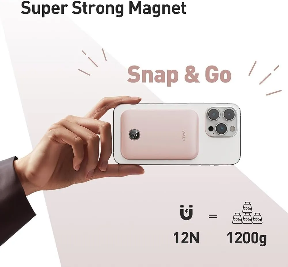 iWALK Magnetic Portable Charger,5000mAh 18W Wireless Slim Power Bank Battery Pack with LED Display and Comfortable Grip Only Compatible with iPhone 16/16 Pro/16 Pro Max/15/14/13/12 Series,Pink