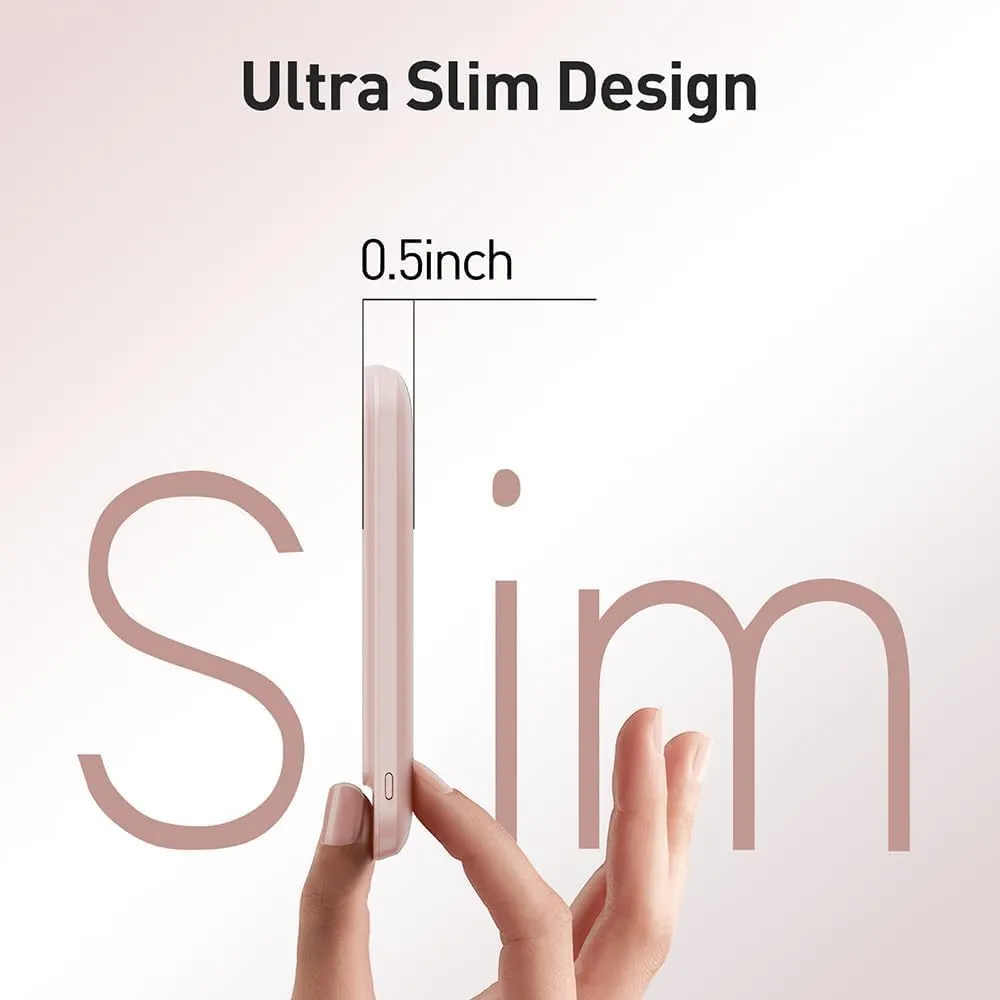 iWALK Magnetic Portable Charger,5000mAh 18W Wireless Slim Power Bank Battery Pack with LED Display and Comfortable Grip Only Compatible with iPhone 16/16 Pro/16 Pro Max/15/14/13/12 Series,Pink