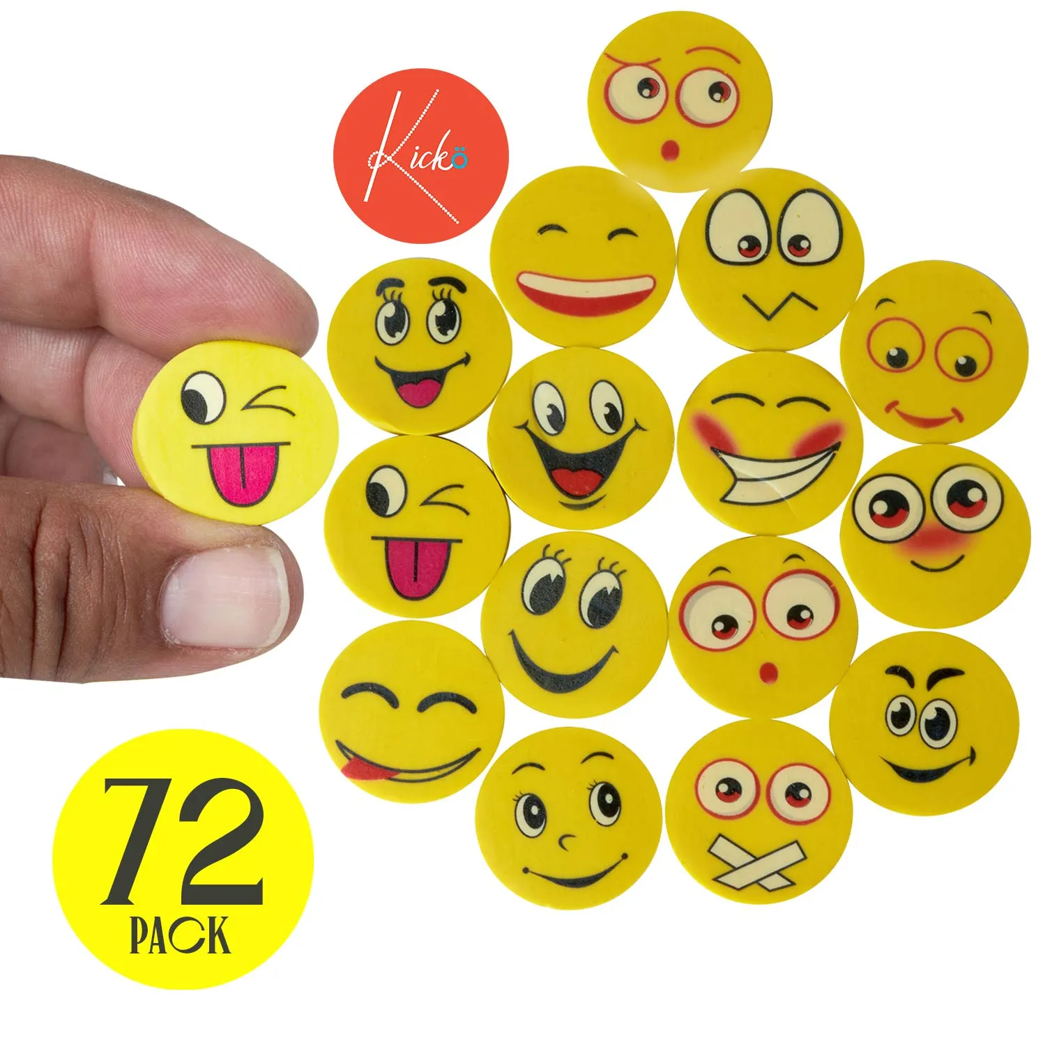 Kicko Emoji Eraser - 72 Pack - Yellow Emoticon Round Face Assortment - School Supply