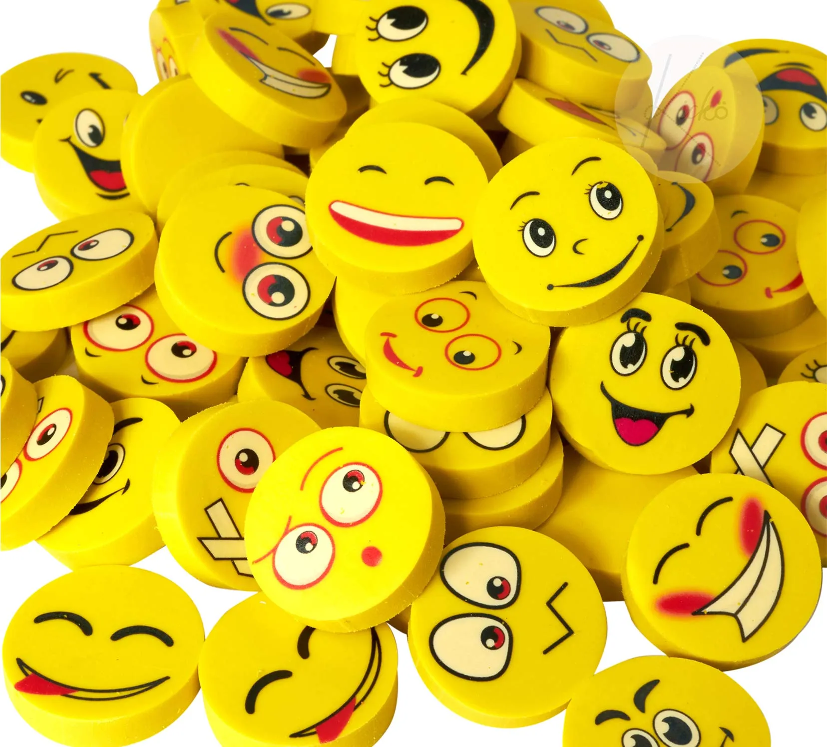 Kicko Emoji Eraser - 72 Pack - Yellow Emoticon Round Face Assortment - School Supply