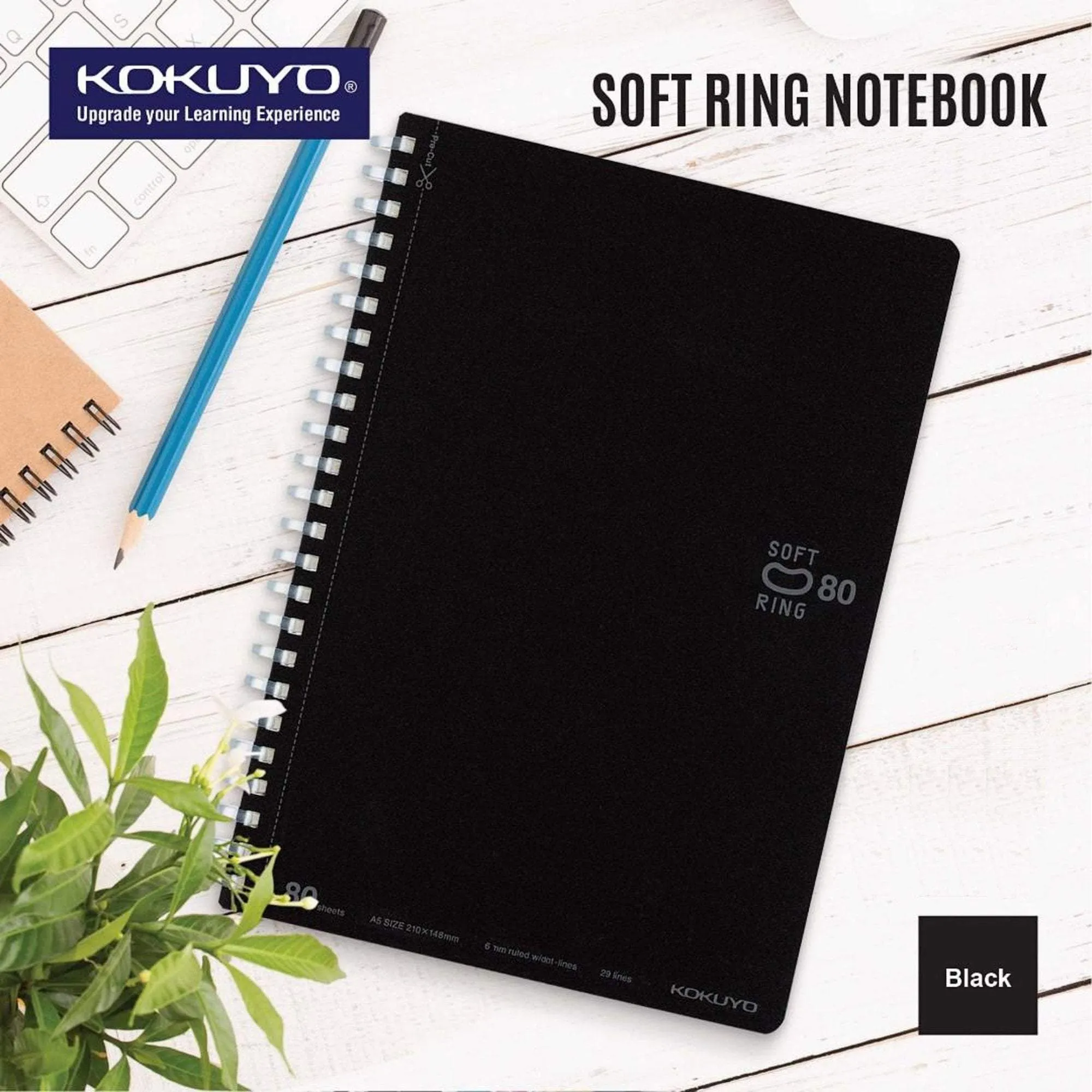Kokuyo BLACK Soft Ring Notebook 5mm Dot Ruled SV457S5 | A6 80 Sheets