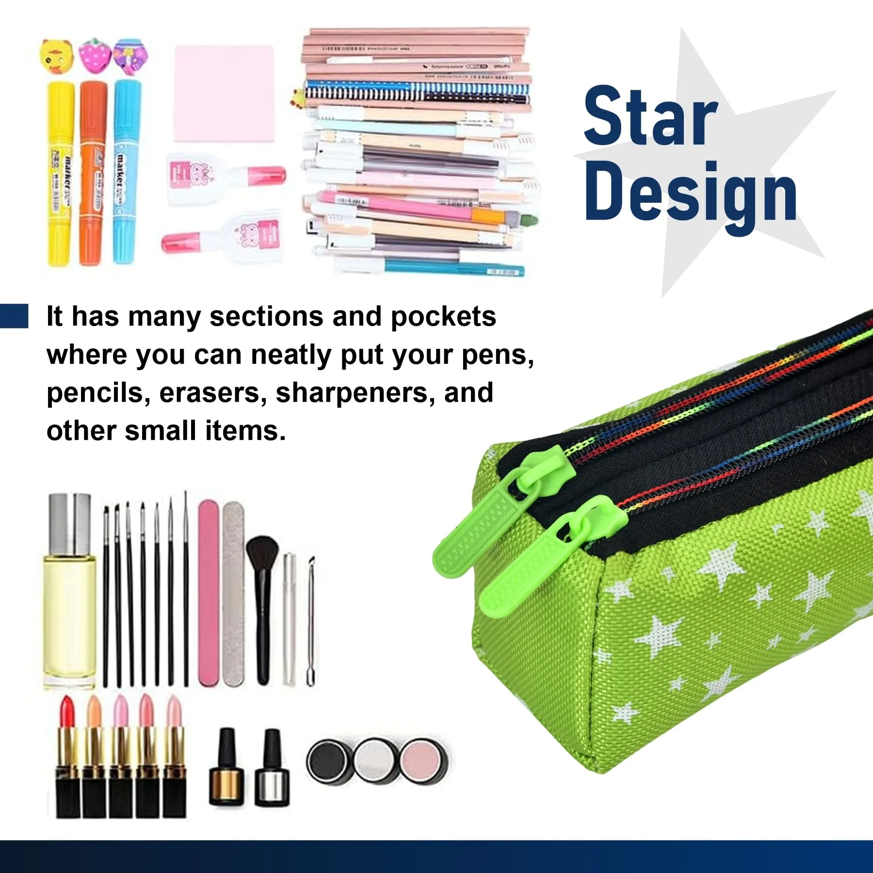 Kuber Industries Pencil Pouch|Rexine Stationary Pouch|Pencil Utility Pouch|School Pencil Case for Kids|Pen-Pencil Box for Kids|2 Zipper Pencil Organizer|Star Pencil Pouch|Pack of 2|Green