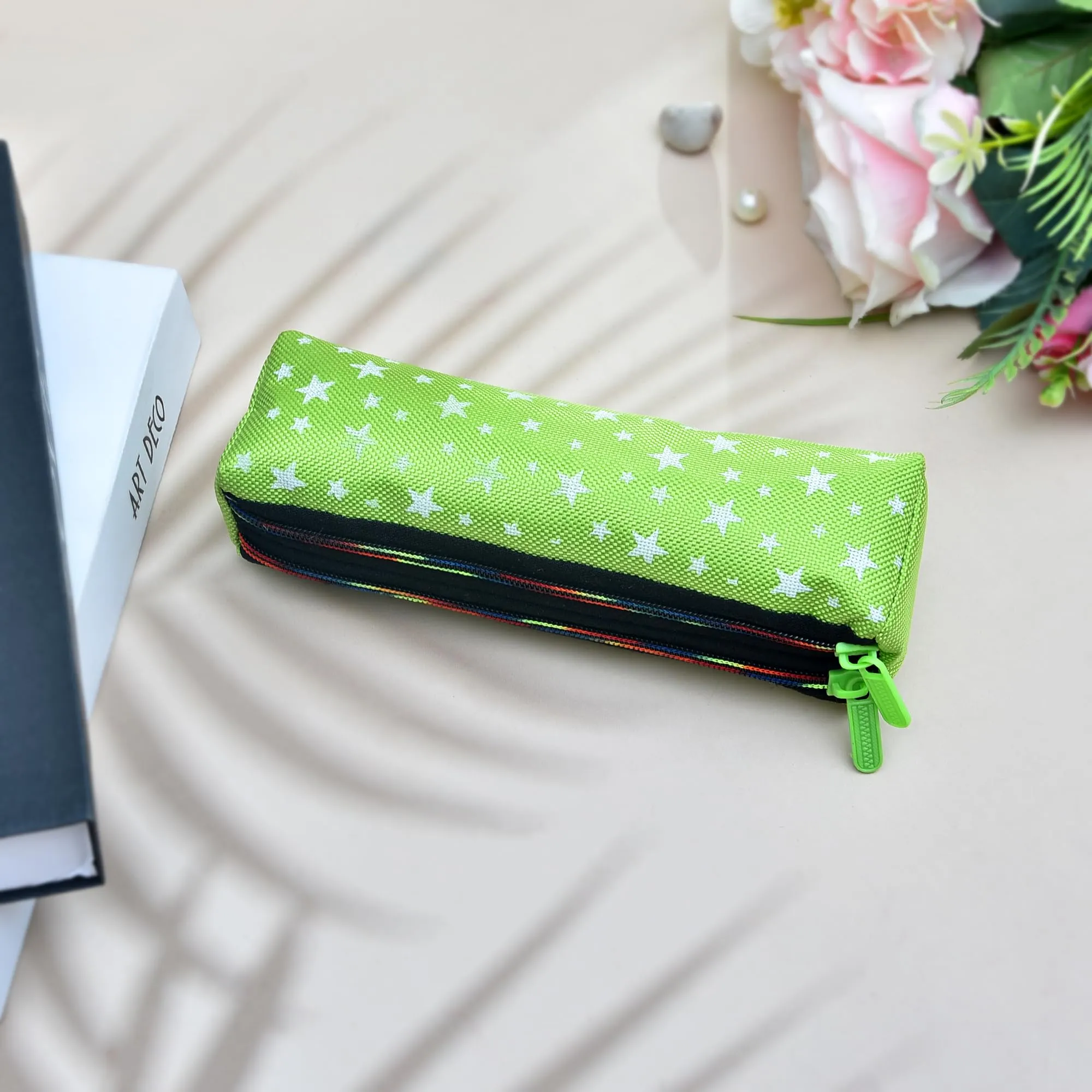 Kuber Industries Pencil Pouch|Rexine Stationary Pouch|Pencil Utility Pouch|School Pencil Case for Kids|Pen-Pencil Box for Kids|2 Zipper Pencil Organizer|Star Pencil Pouch|Pack of 2|Green