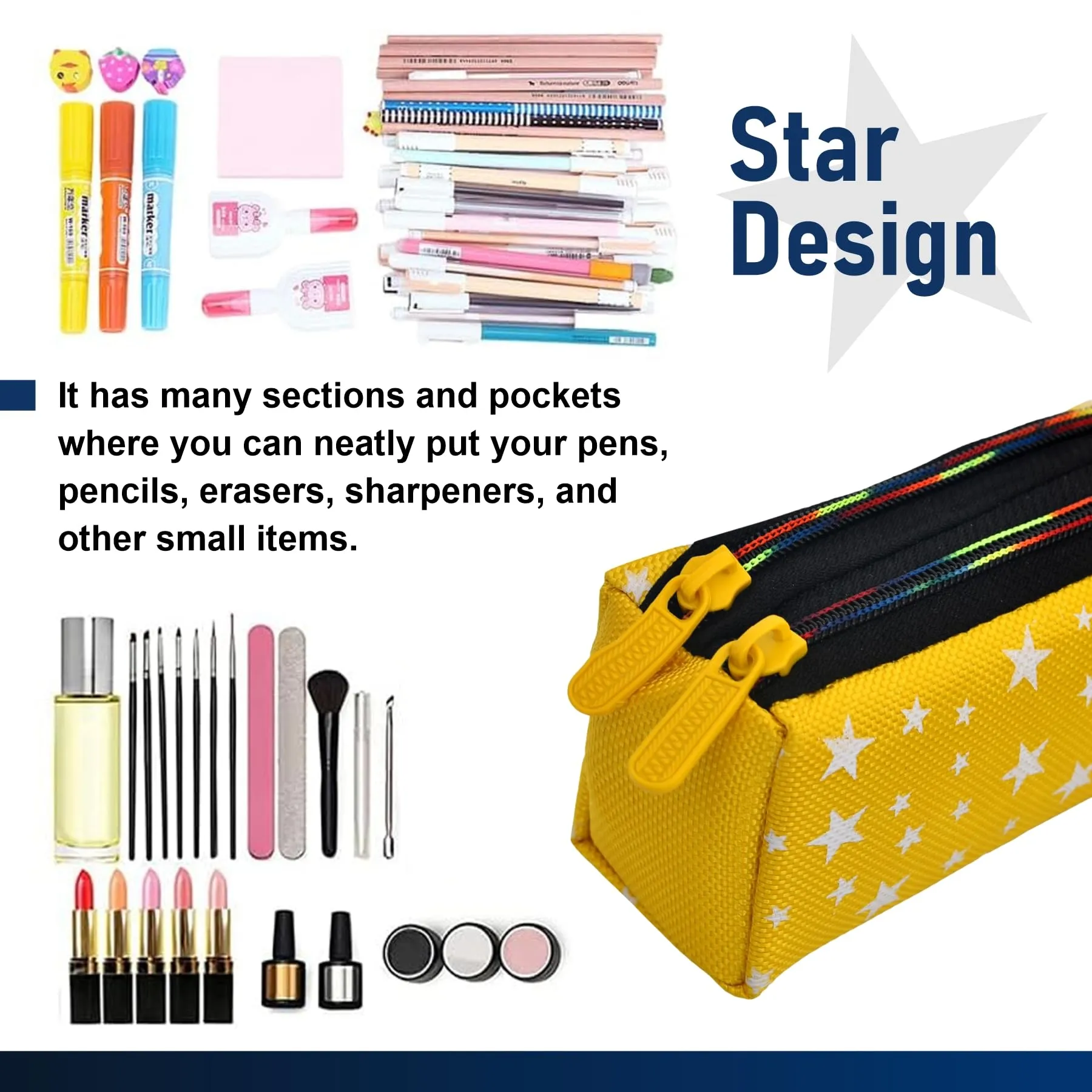 Kuber Industries Pencil Pouch|Rexine Stationary Pouch|Pencil Utility Pouch|School Pencil Case for Kids|Pen-Pencil Box for Kids|2 Zipper Pencil Organizer|Star Pencil Pouch|Pack of 2|Yellow