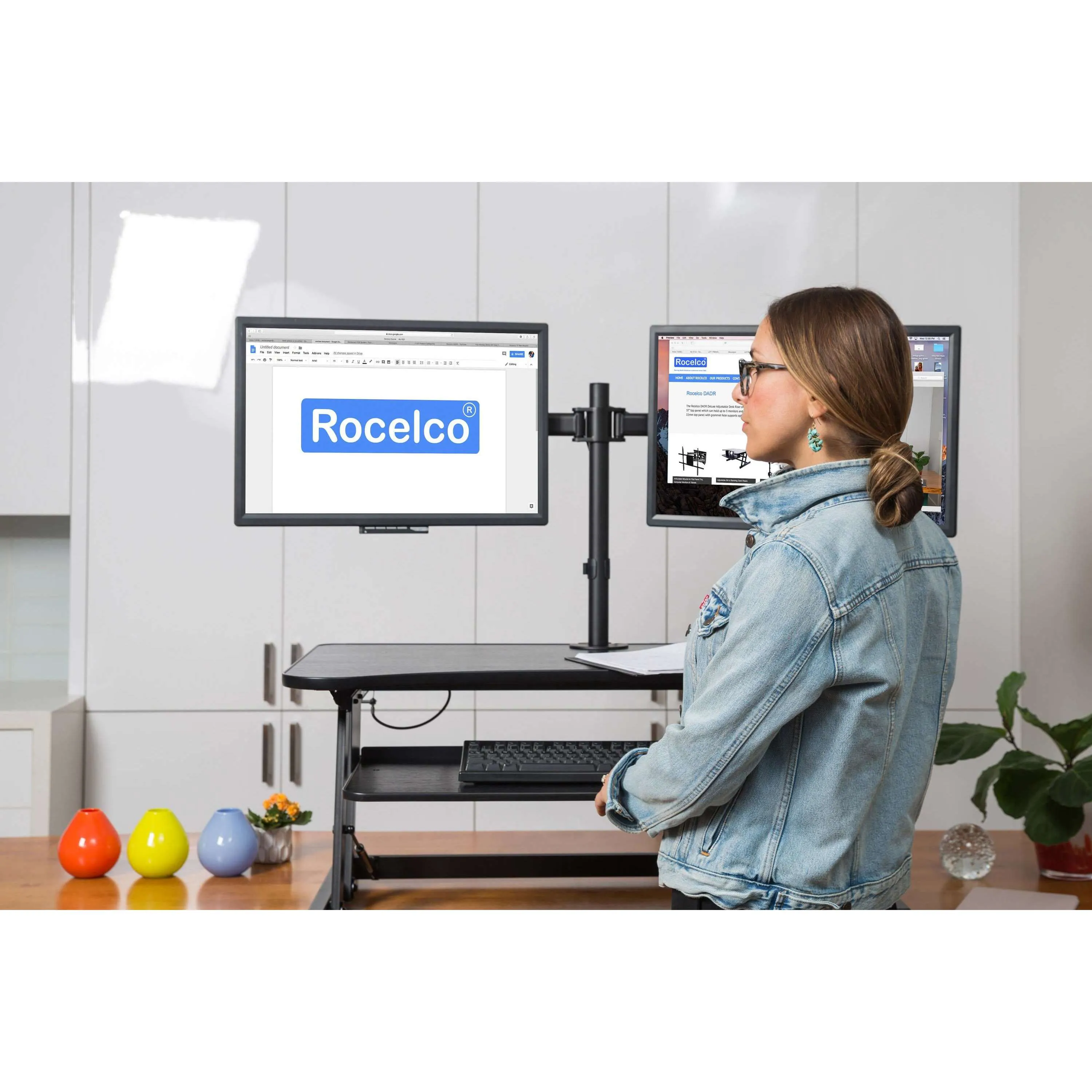 Lorell/Rocelco 37” Deluxe Height Adjustable Standing Desk Converter | Dual Monitor Gas Spring | Large Retractable Keyboard Tray | R DADRB, R DADRG