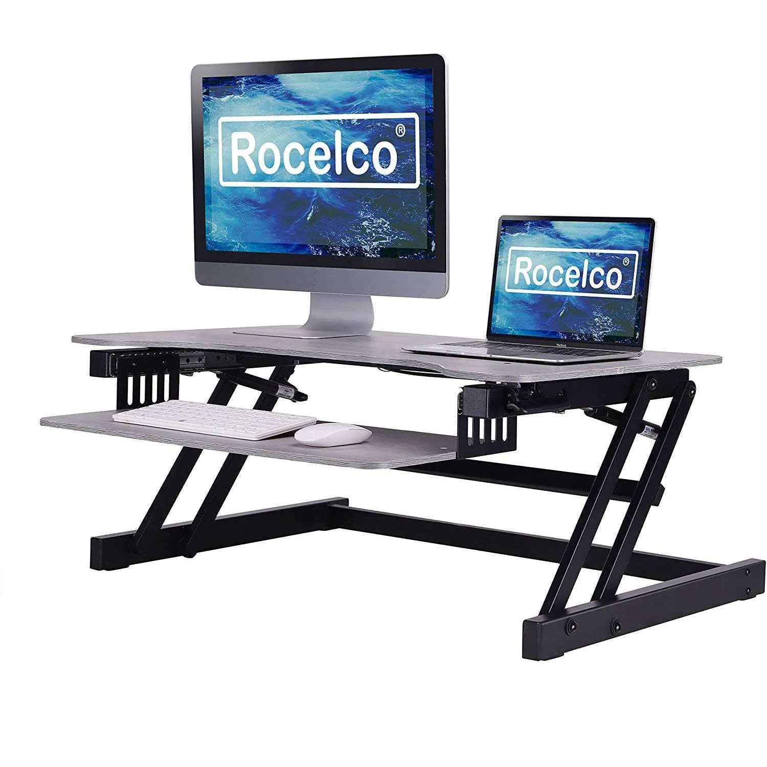 Lorell/Rocelco 37” Deluxe Height Adjustable Standing Desk Converter | Dual Monitor Gas Spring | Large Retractable Keyboard Tray | R DADRB, R DADRG