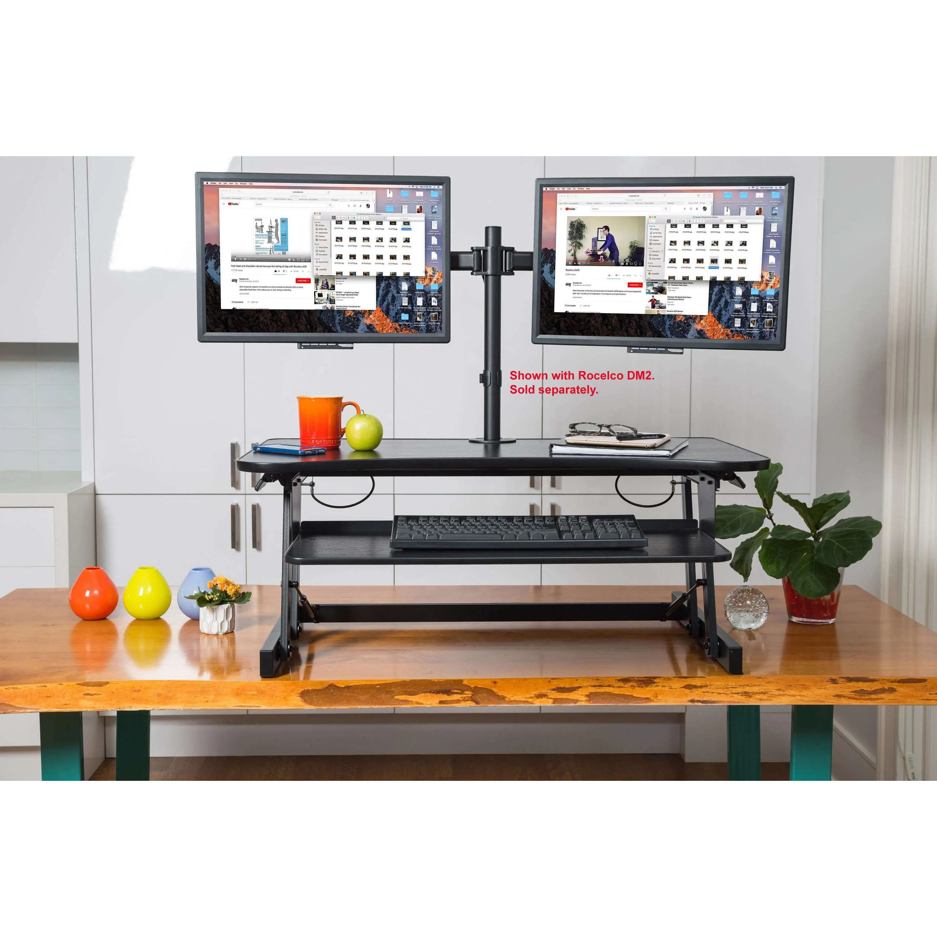 Lorell/Rocelco 37” Deluxe Height Adjustable Standing Desk Converter | Dual Monitor Gas Spring | Large Retractable Keyboard Tray | R DADRB, R DADRG