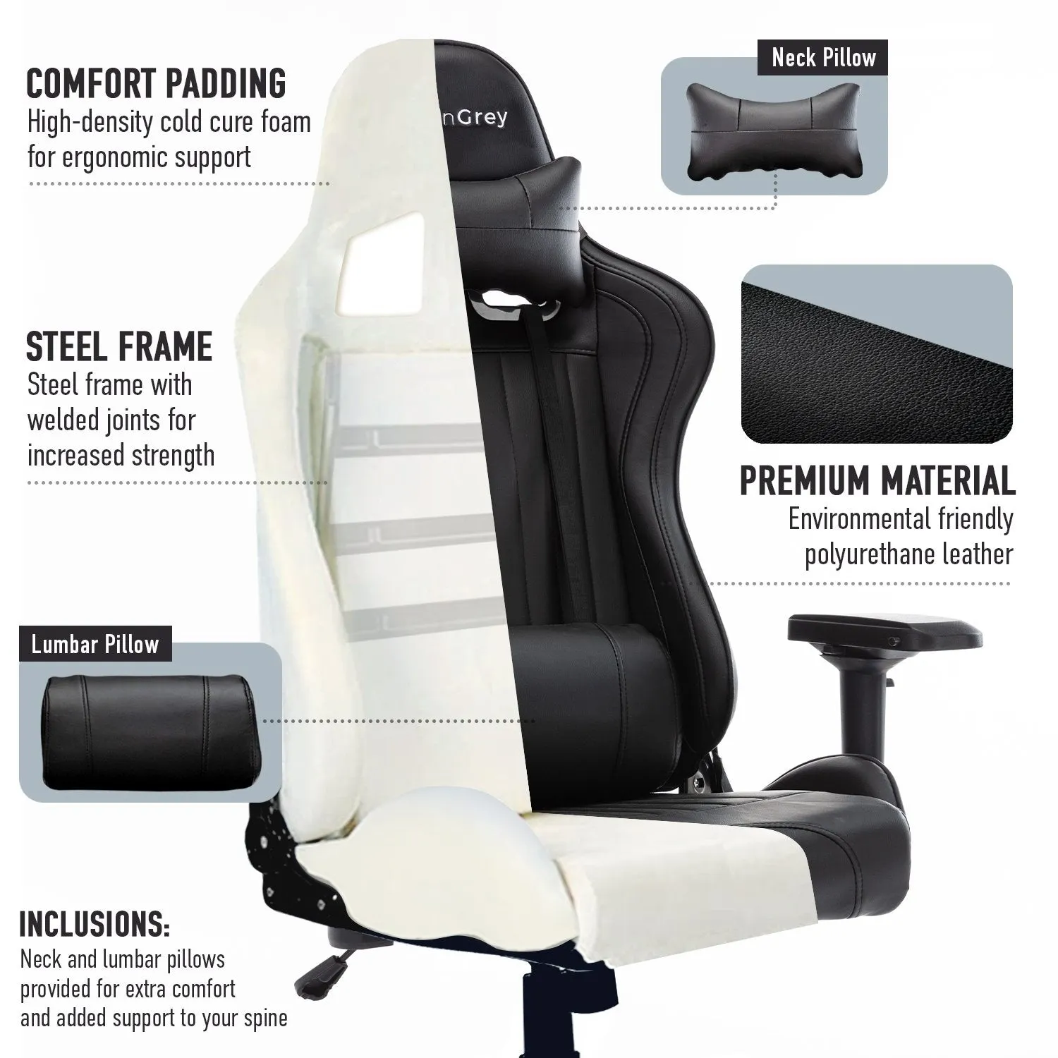 MotionGrey Enforcer - Office Gaming Chair, Ergonomic, High Back, PU Leather, with Height Adjustment, Headrest & Lumbar Cushions - Black - Only at BestBuy