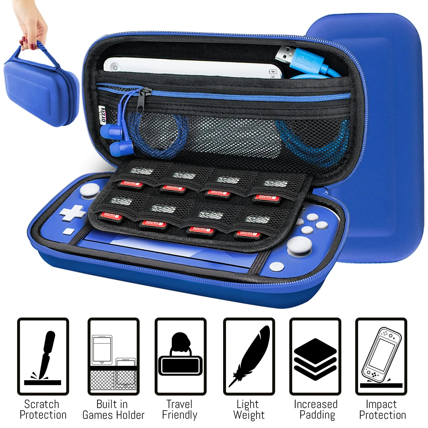 Orzly Switch Lite Accessories Bundle - Case & Screen Protector for Nintendo Switch Lite Console, USB Cable, Games Holder, Comfort Grip Case, Headphones, Thumb-Grip Pack & More (New Blue)