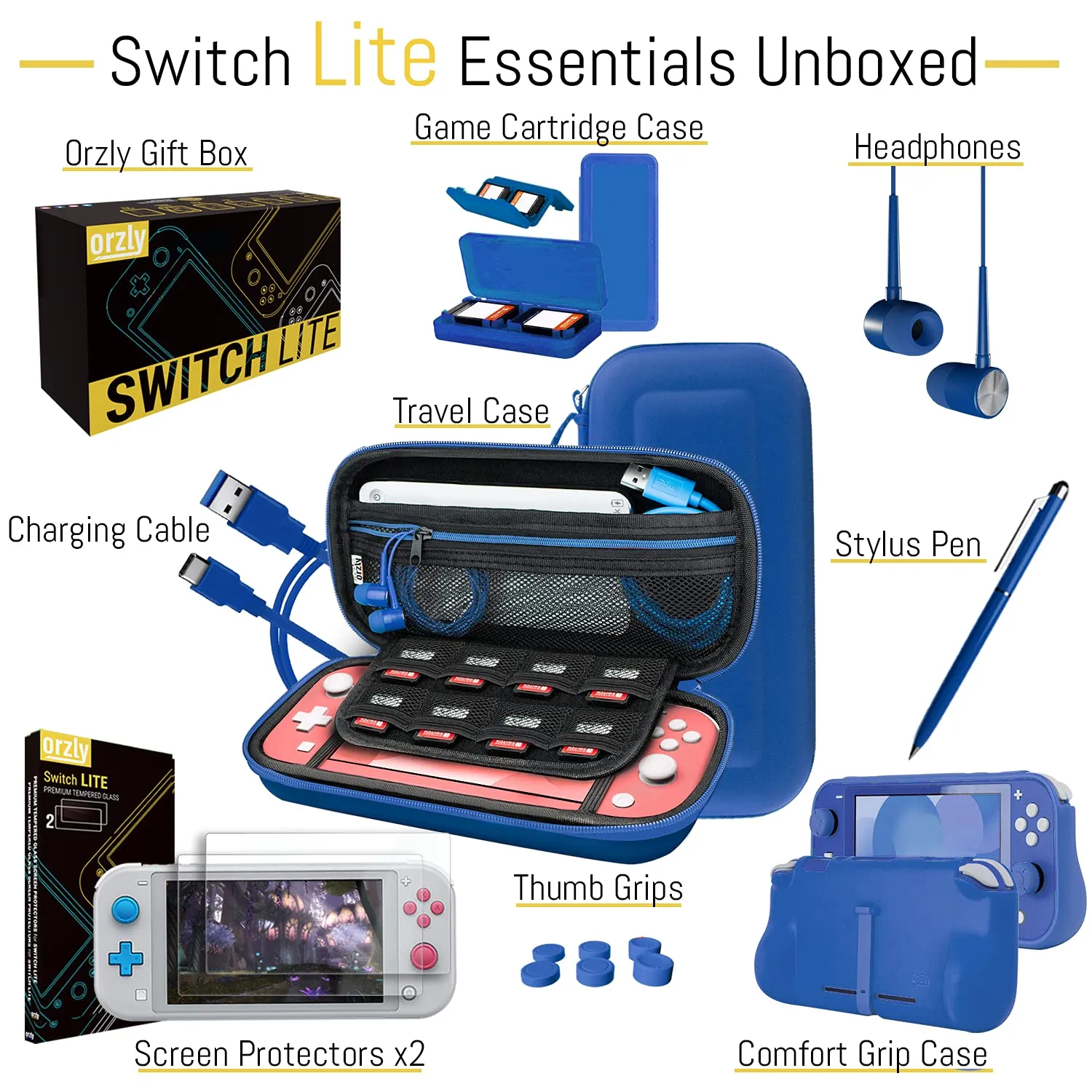 Orzly Switch Lite Accessories Bundle - Case & Screen Protector for Nintendo Switch Lite Console, USB Cable, Games Holder, Comfort Grip Case, Headphones, Thumb-Grip Pack & More (New Blue)