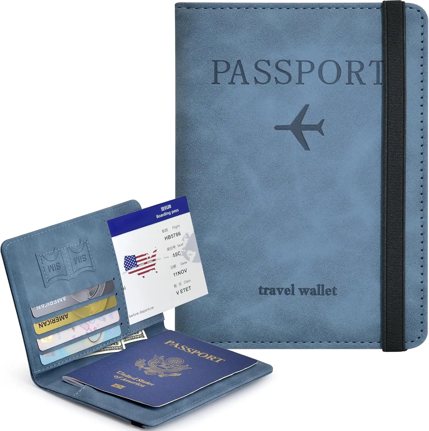 Passport Holder, Passport Cover with Credit Card Slot and Boarding Pass Slot Combo, Passport Wallet Case Book Travel Must Have, RFID Blocking Leather Travel Accessories, Marine Blue