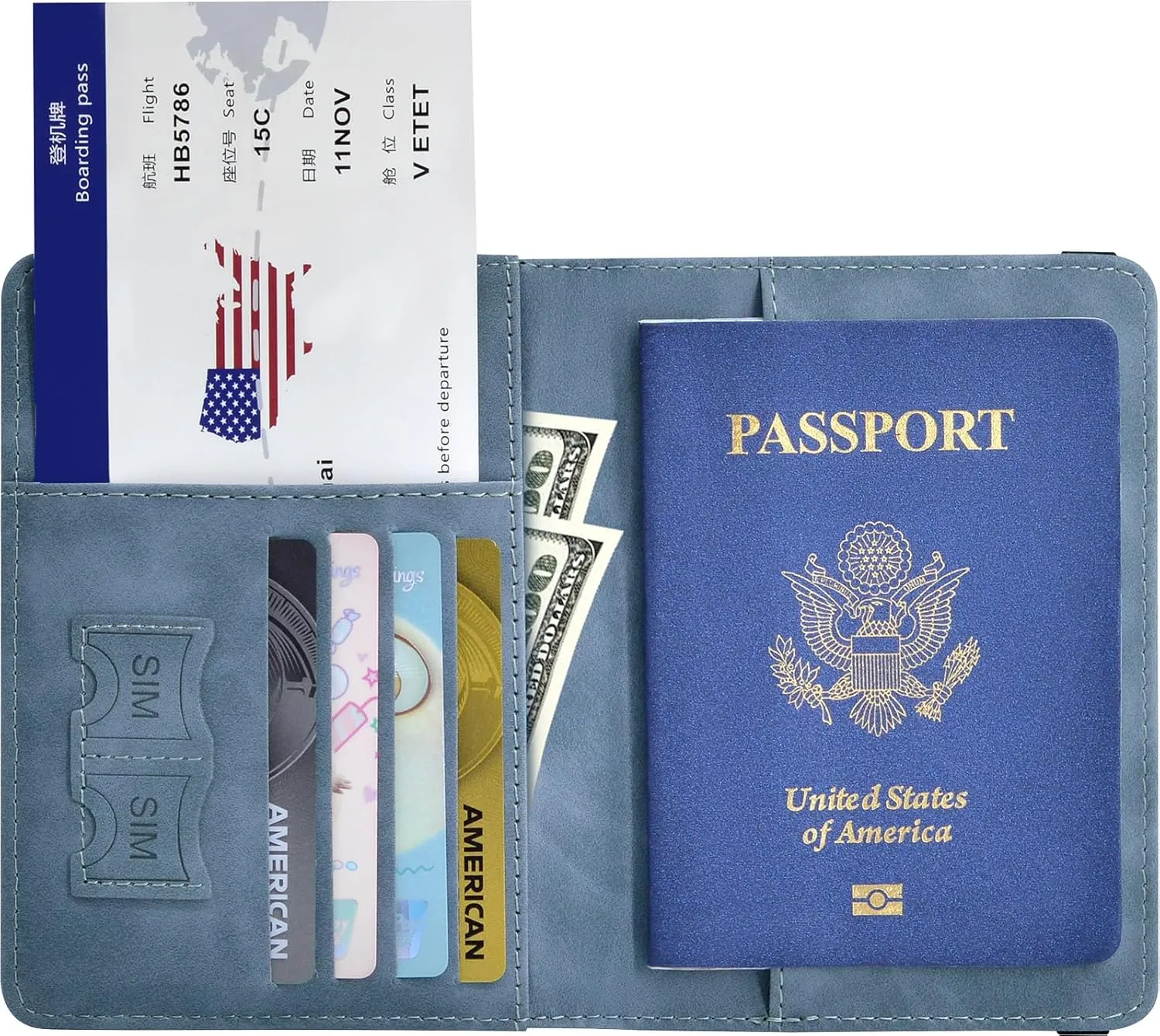 Passport Holder, Passport Cover with Credit Card Slot and Boarding Pass Slot Combo, Passport Wallet Case Book Travel Must Have, RFID Blocking Leather Travel Accessories, Marine Blue