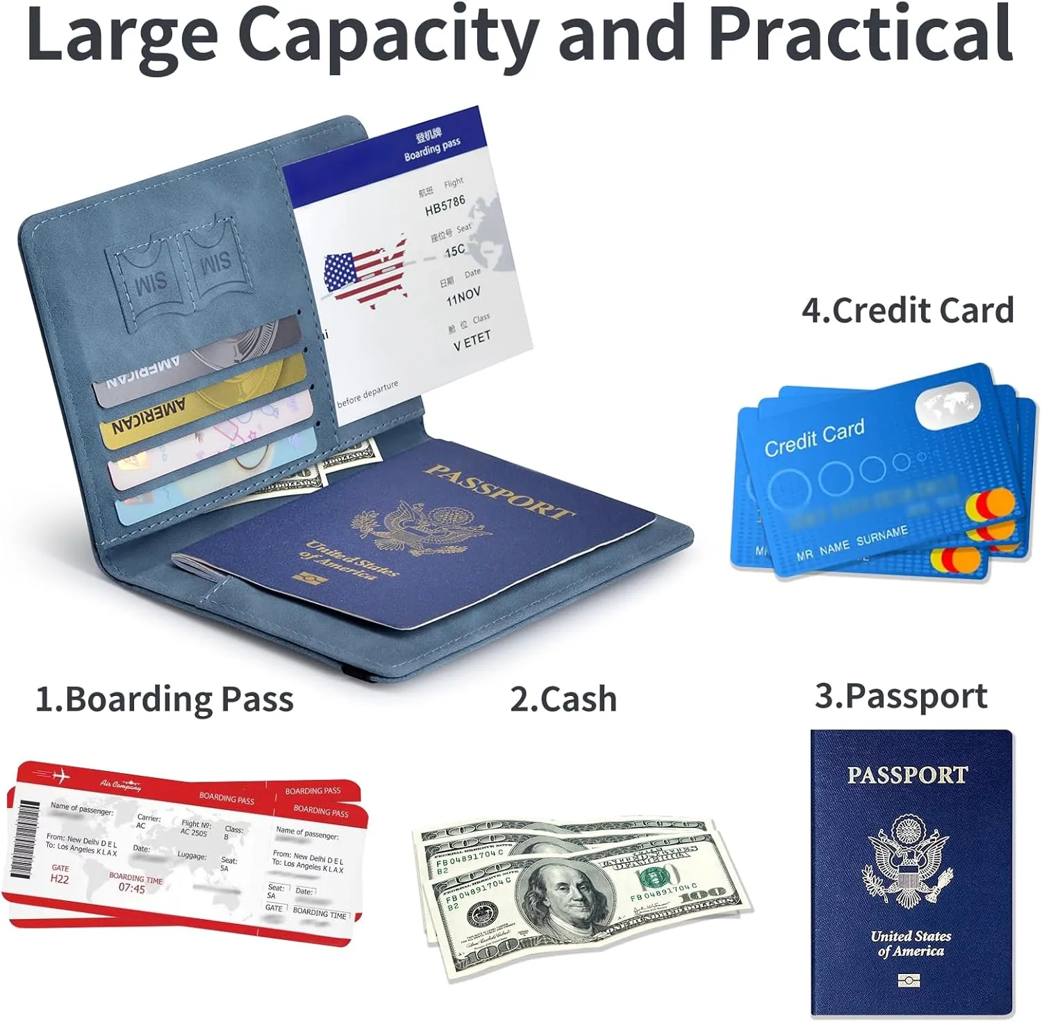 Passport Holder, Passport Cover with Credit Card Slot and Boarding Pass Slot Combo, Passport Wallet Case Book Travel Must Have, RFID Blocking Leather Travel Accessories, Marine Blue
