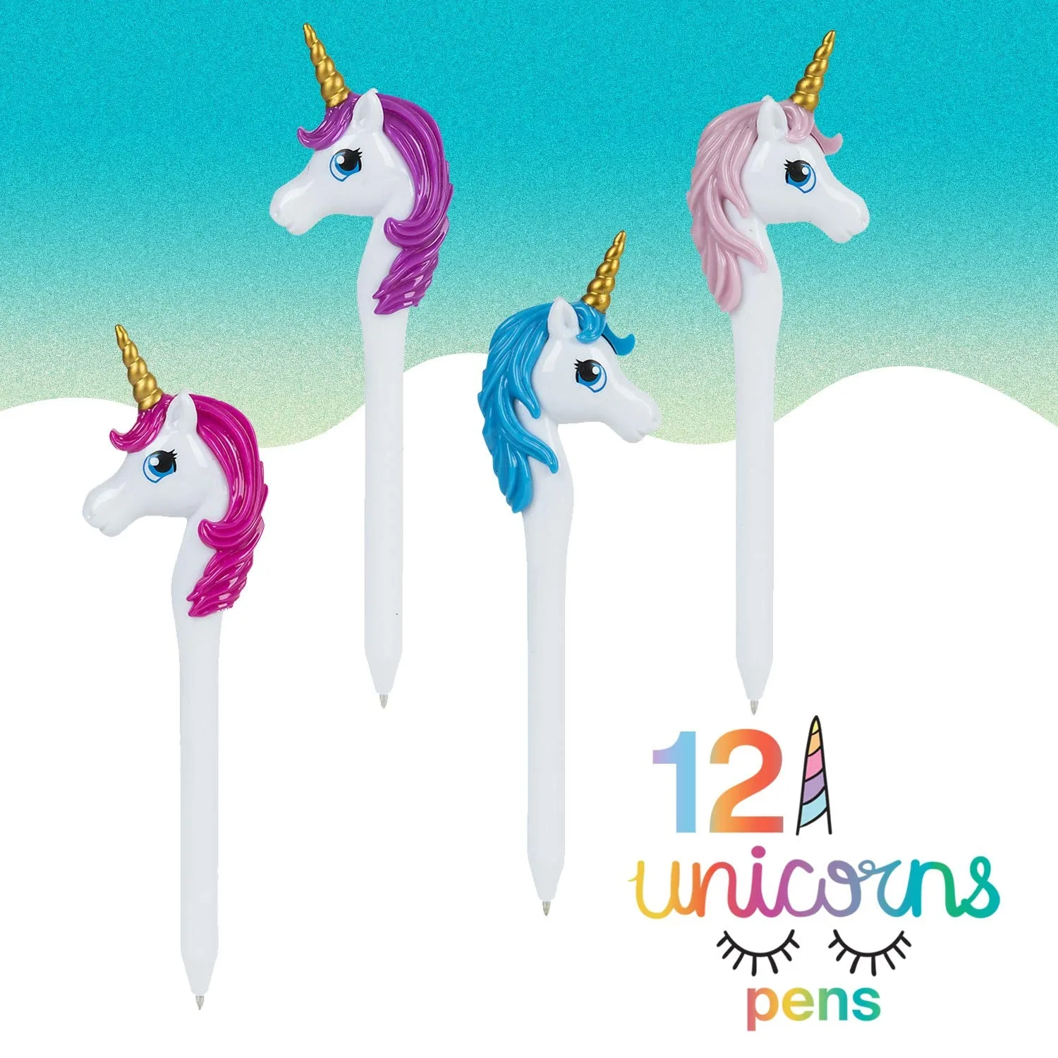Plastic Unicorn Pens - 12 Pack - 7.25 Inch Colorful Unicorn Head Animal Pen for Unicorn