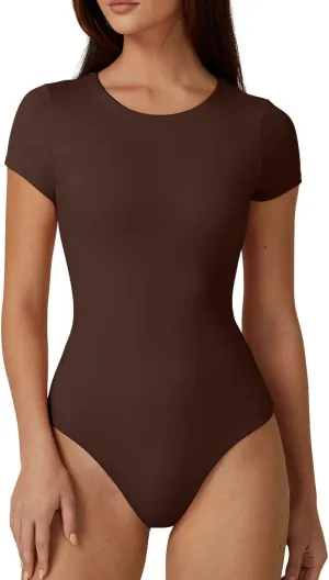 QINSEN Women's Crew Neck Short Sleeve Bodysuit Double Lined Body Suits Basic T-shirt Tops